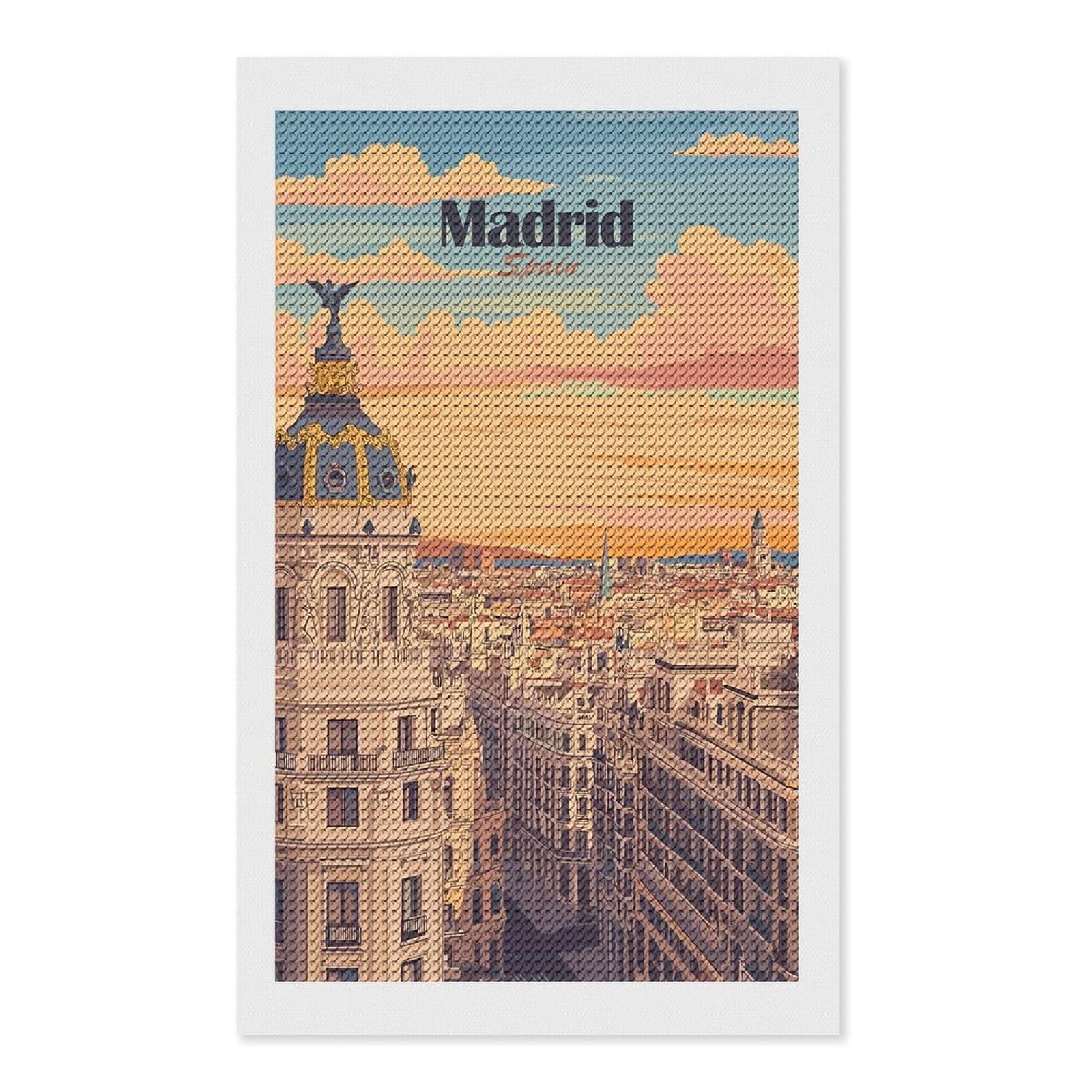 Junmoney Madrid, Spain Cityscape Illustration DIY Diamond Art Canvas Kit 12"x20", Christmas Gift, for Family Craft Time, Leisure Activity, Home Wall Art