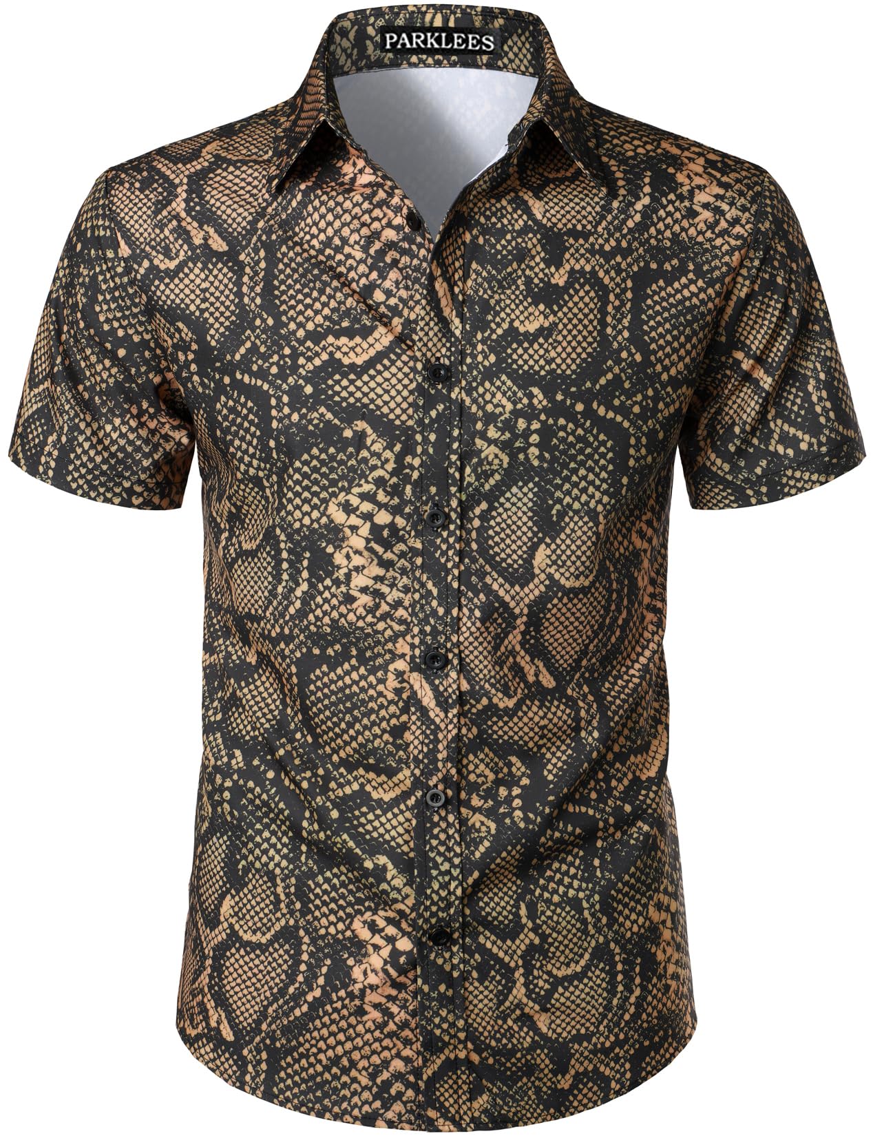 PARKLEES Camisa de manga corta con estampado de leopardo para hombre, informal, con estampado de guepardo, camisa abotonada