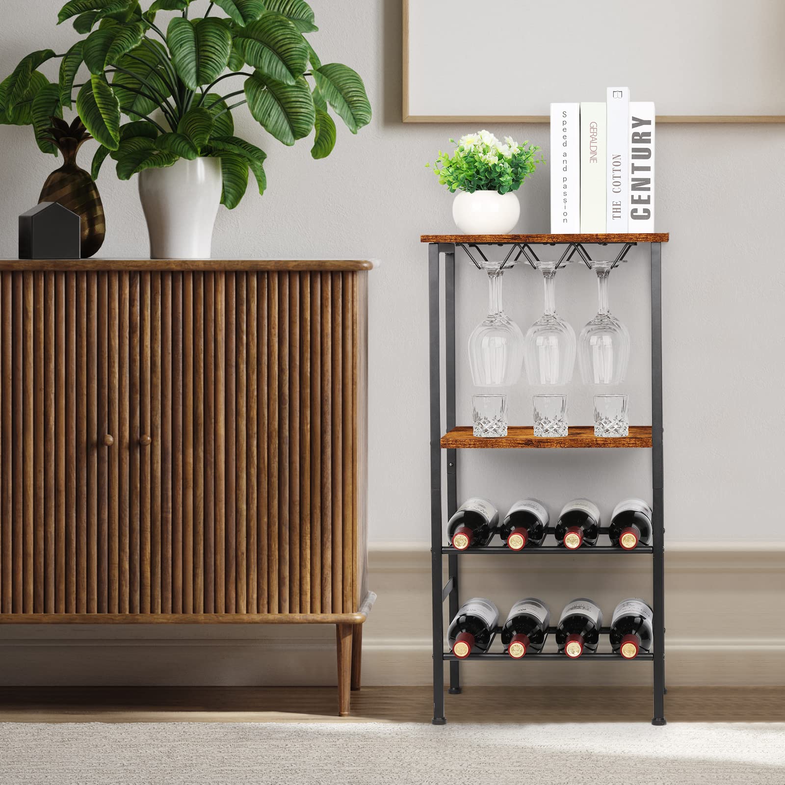 Mensola per vino indipendente per bar del vino con supporto in vetro e tavolo, 8 bottiglie, tavoli in legno con ripiani, organizer per bottiglie di vino a 4 livelli (marrone)