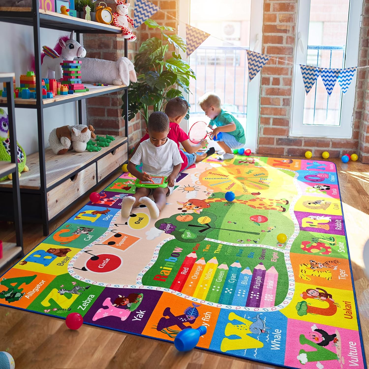 6x9 Kids Room Rug Play Mat Carpet Educational and Fun Playmat with ABC Alphabet Animals Shapes Colors Non Slip Area Rug Learning Rugs for Bedroom Playroom Baby Toddler Children Play Game Activity 6 x 9 feet Colorful