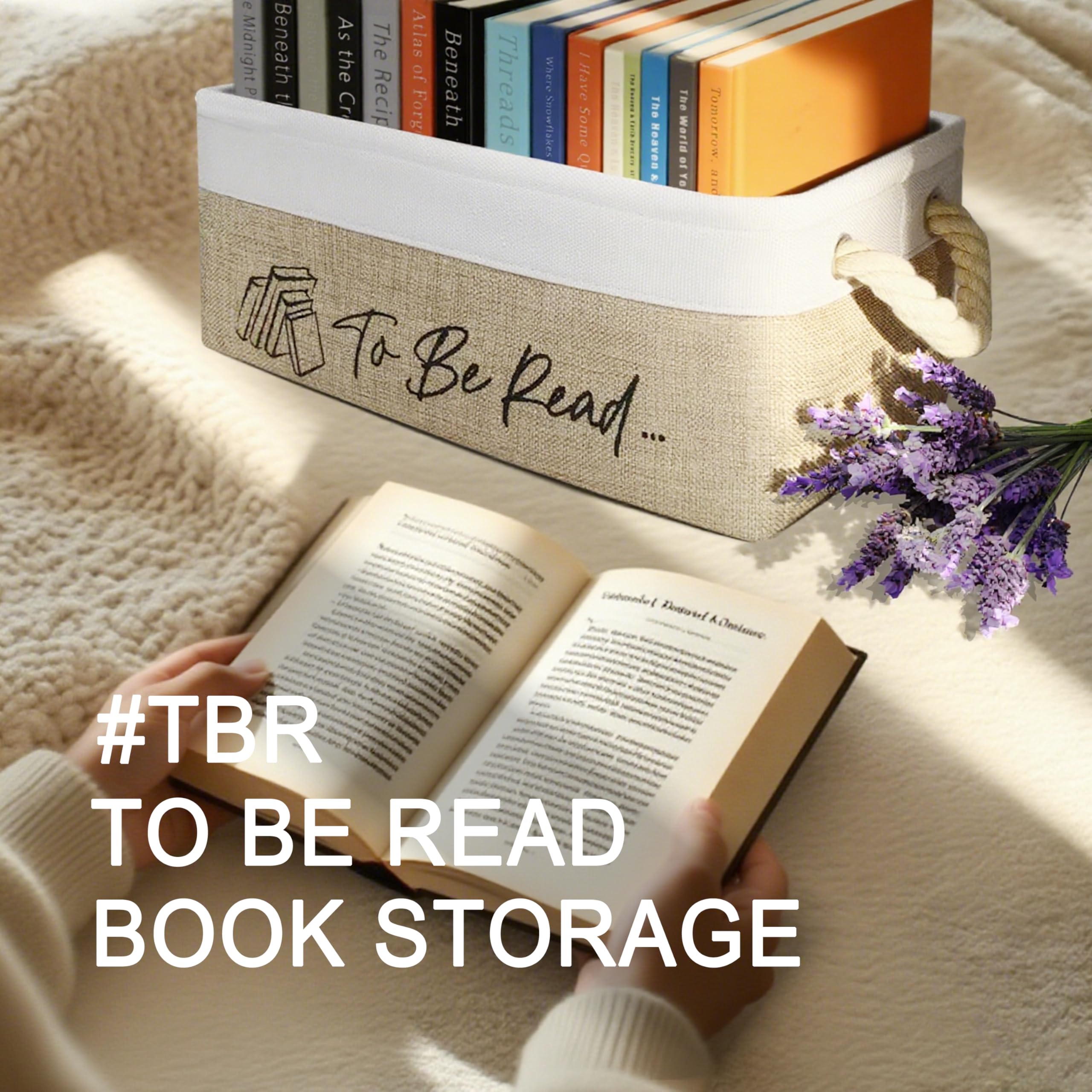 TBR - Cesto portaoggetti per libri con tasca laterale per essere letti, accessori per la lettura, per membri di club e bibliotecari, regalo per libri (bianco e marrone)