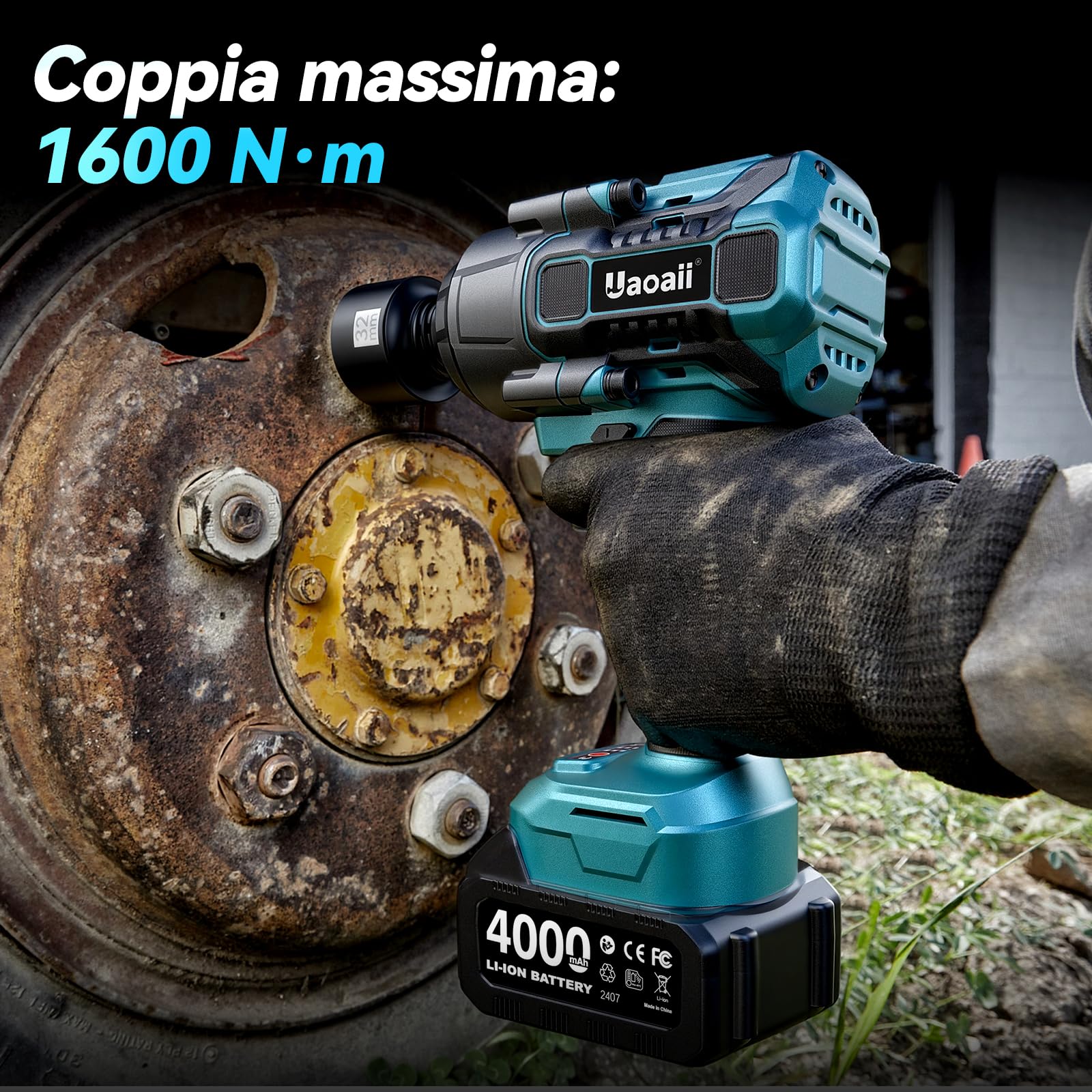 Avvitatore a impulsi a batteria 1600 Nm 1/2", 2 batterie 4000mAh con caricatore rapido, 21V Avvitatore Elettrico bussole 17-19-21-24 mm + prolunga 5", ideale per auto, camion, garage, officina