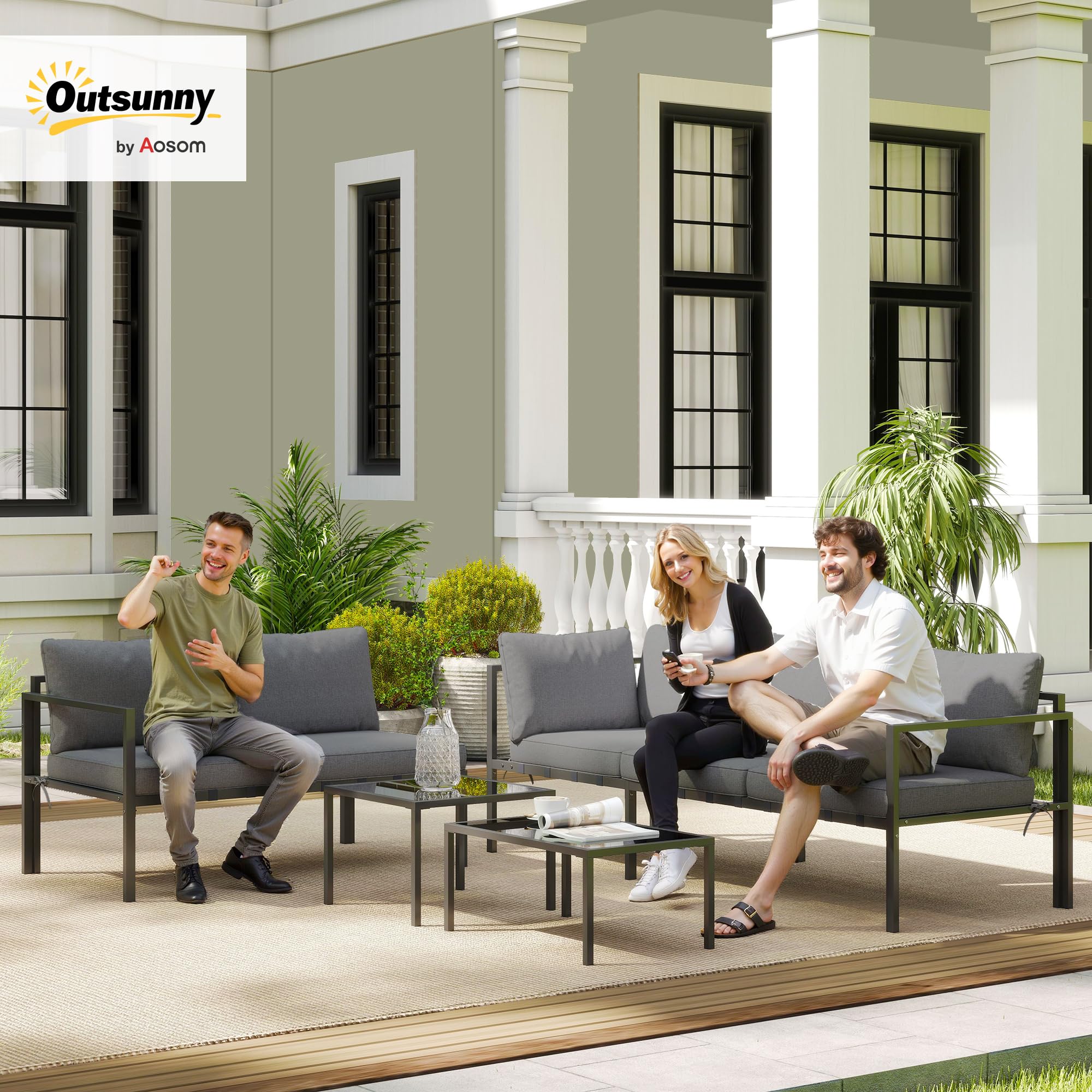 Outsunny Soggiorno da giardino esterno angolare 4 pezzi con divano a 3 posti e 2 posti, 2 tavolini estraibili in vetro temperato, cuscini inclusi, veranda grigio