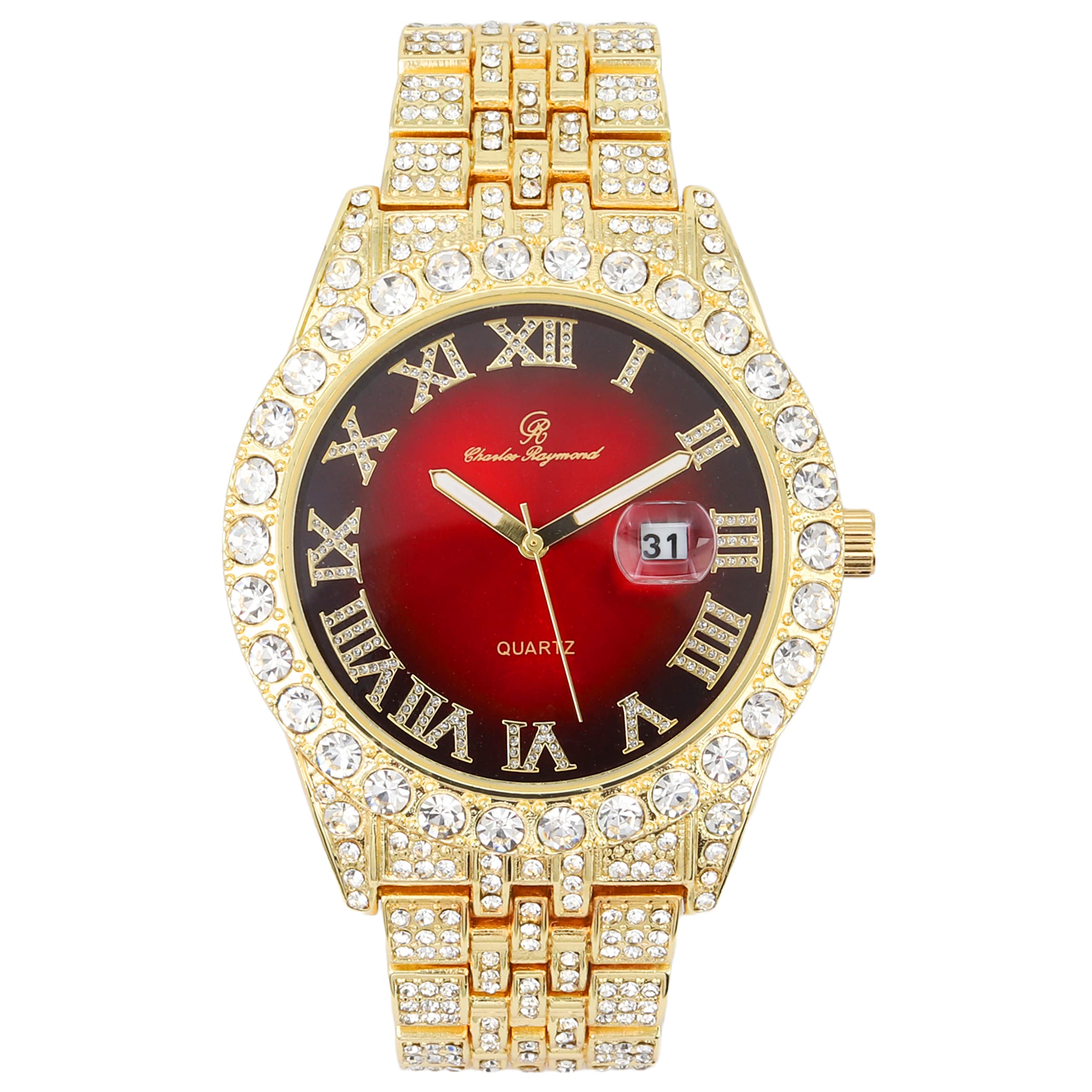 Charles Raymond Big Rocks w/Roman Numerals Fully Iced Out Mens Watch w/Easy Read Date and Colorful Dials- Designer Hip Hop Blinged Out Timepiece - ST10226RND