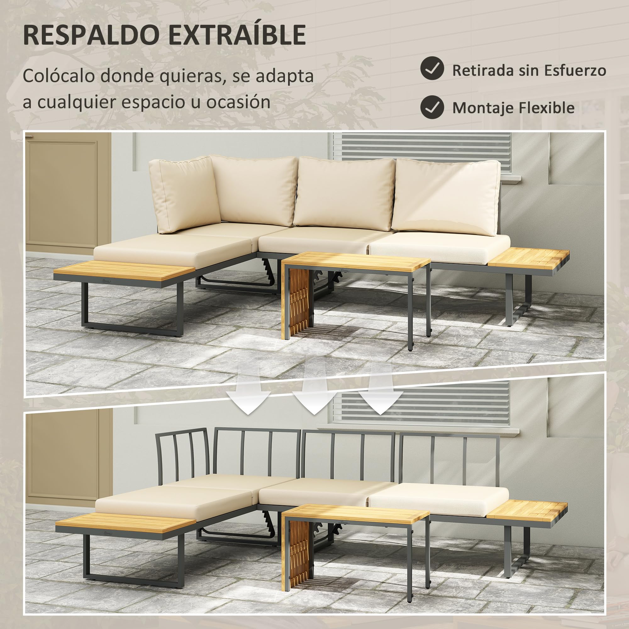 Outsunny Conjunto de Muebles Jardín Exterior Sofás de Exterior en Forma de L Tumbona con 2 Sofás de 3 Plazas Asiento Ajustable y Mesa de Madera de Acacia Versátil con Cojines Beige y Gris