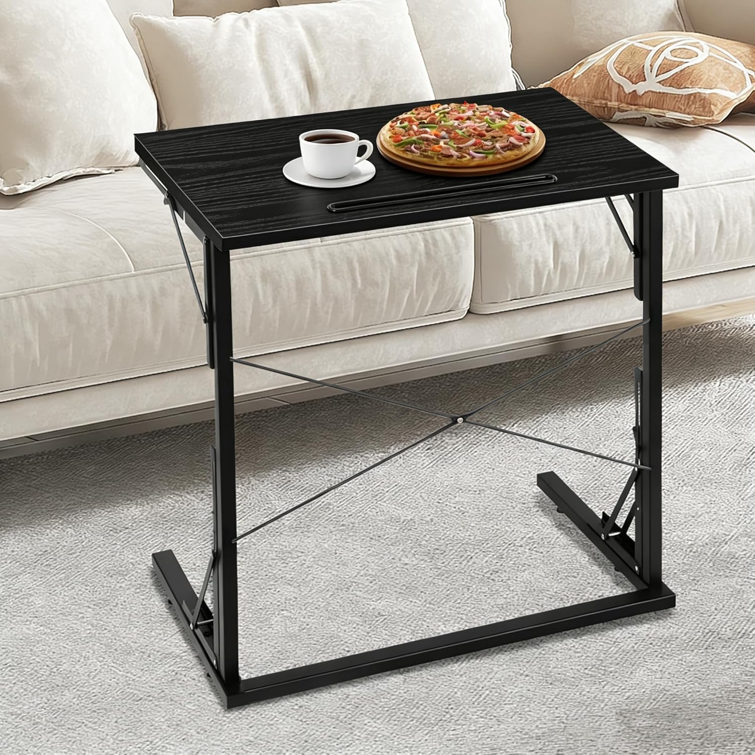 24 inch Foldable TV Tray Table, Foldable Portable C-Shaped Sofa end Table, Oversized Sofa Side Laptop Desk, Suitable for Living Room and Bedroom (2, Black)
