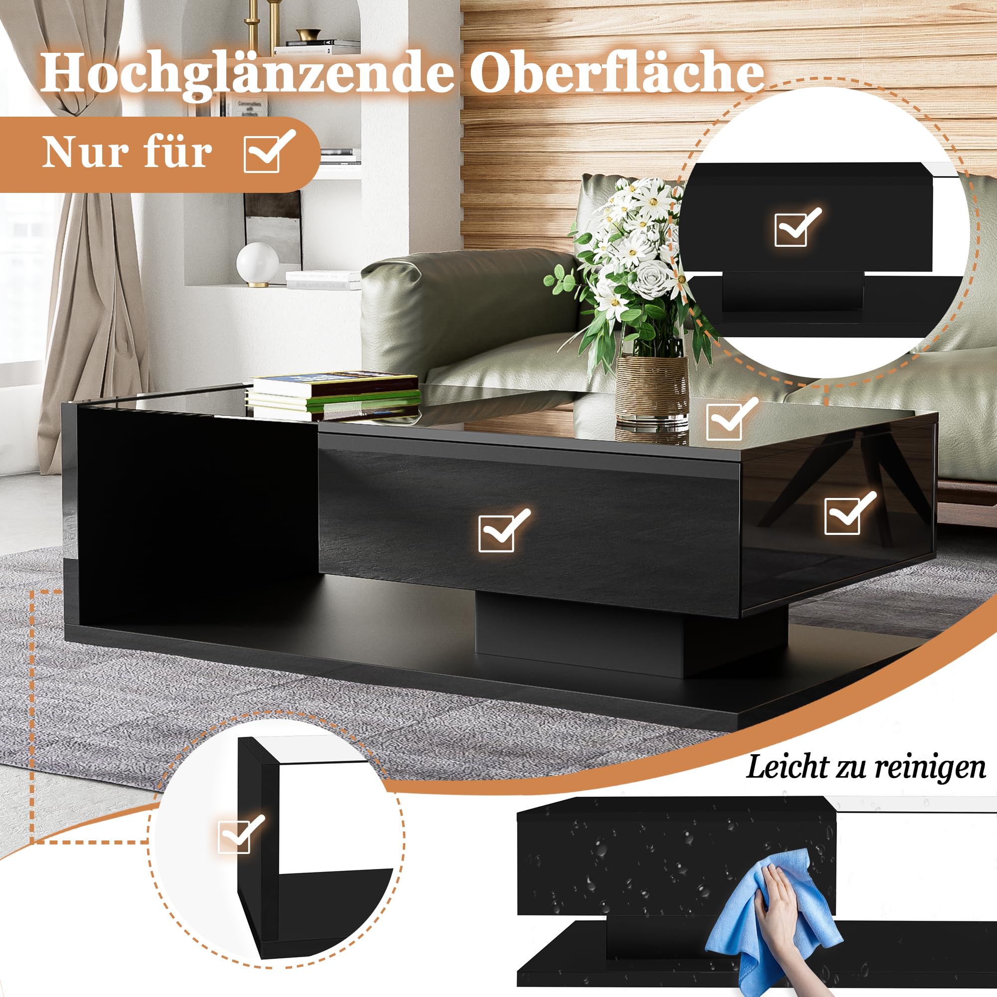 Tavolino da salotto con illuminazione a LED, 105 x 55 cm, colore nero lucido, moderno tavolino da salotto con piano in vetro, vano portaoggetti e luce LED RGB, elegante tavolino da salotto per