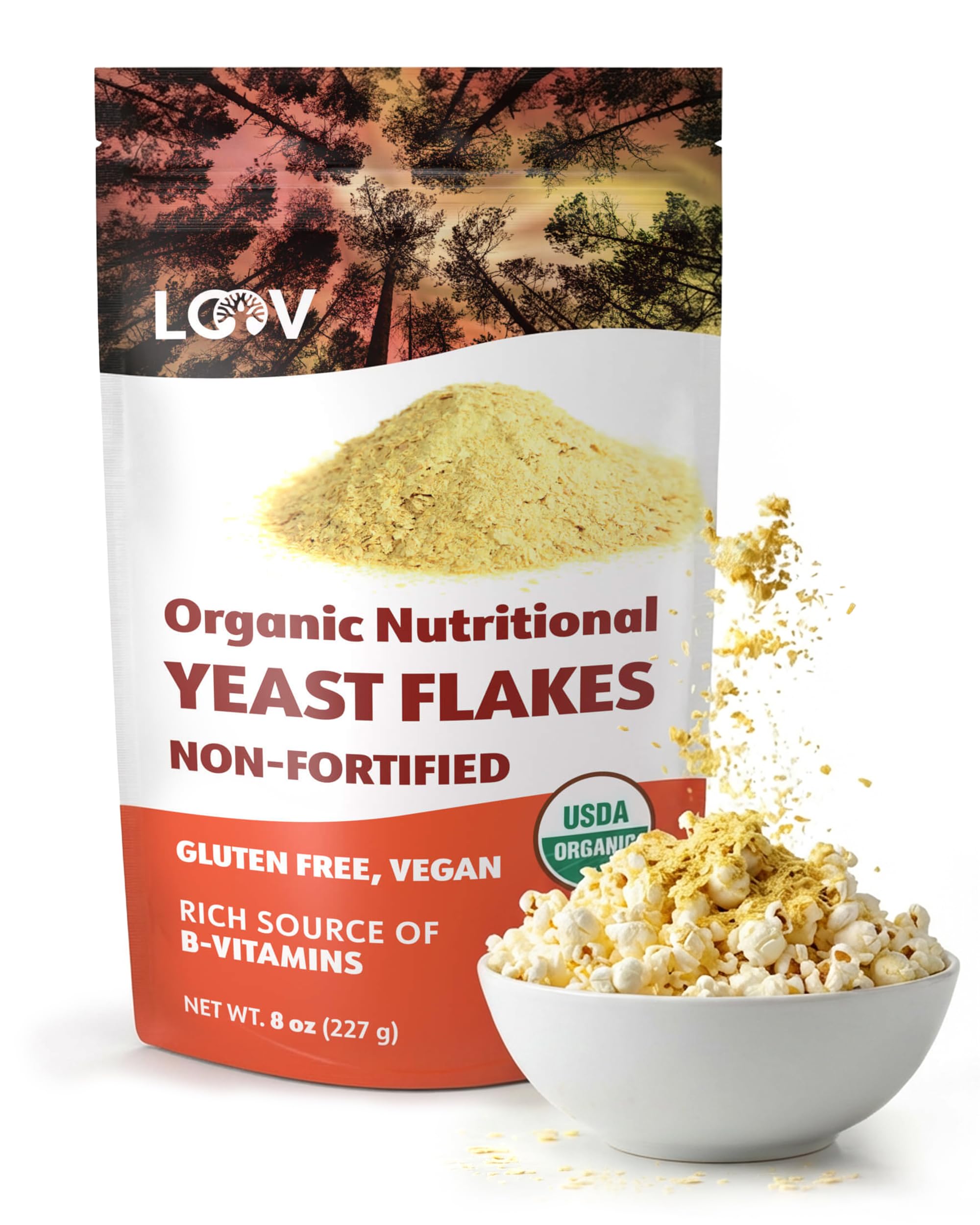 LOOV Organic Non-Fortified Nutritional Yeast Flakes - Vegan, Gluten Free, Non-GMO Unfortified Nooch - Good Source of Natural B-Vitamins - No Added Salt or Sugar - Resealable Bag, 8 Ounces (227 Grams)