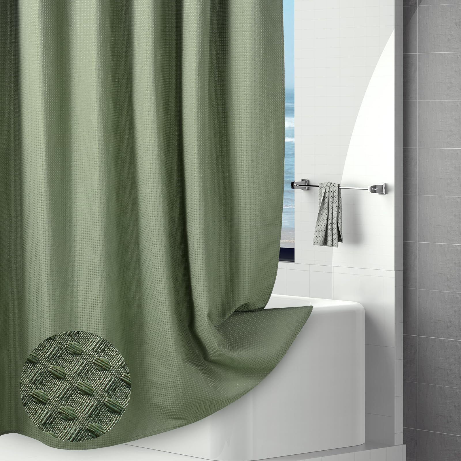 Hotel Style Waffle Weave Shower Curtain, Water Repellent Heavy Duty Fabric Texture Bath Curtain with Weighted Hem, Washable Wet Room Shower Curtains for Bathroom and Bathtub, 183x214cm, Sage Green