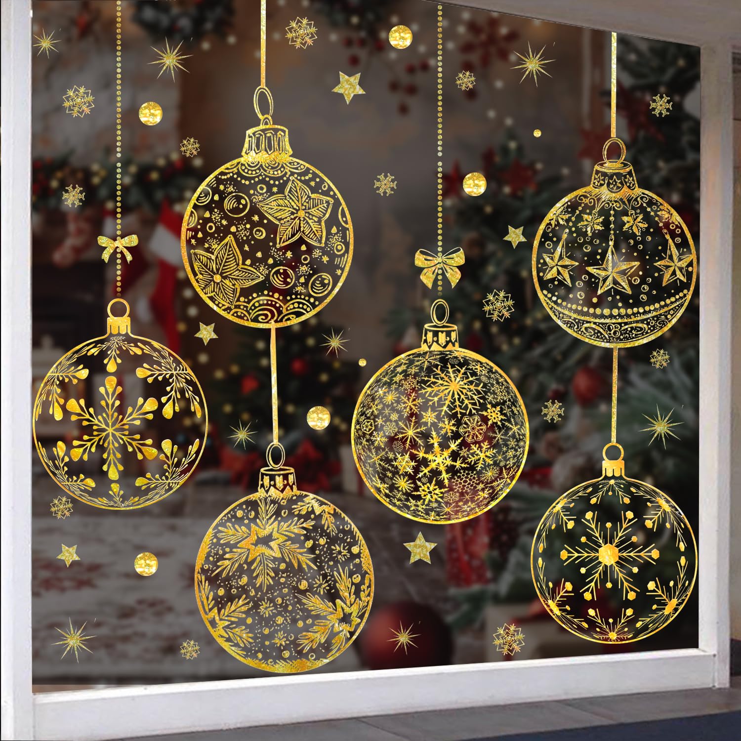 FMDPZUP Christmas Window Clings Stickers,Gold Balls and Snowflakes Extra Large Xmas Window Static Stickers,Christmas Winter Decoration Stick Wall Window Door Decal Sticker(8 Gold Balls)