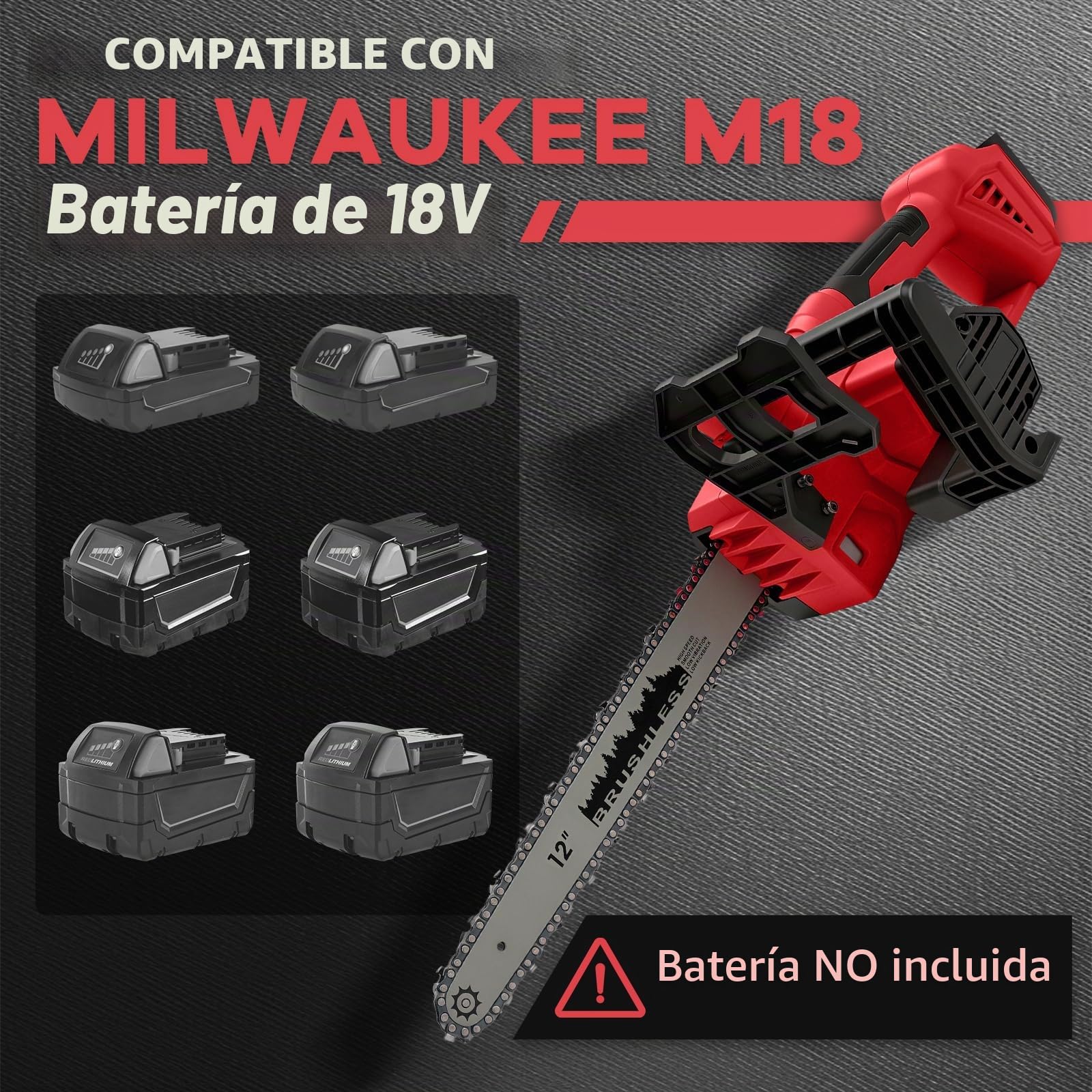 WingFly Motosierra Eléctrica 12 pulgadas, compatible con Milwaukee M18 18 V batería, motosierra Portátil con motor sin escobillas, hoja de sierra de 30 cm, velocidad de cadena de 10 m/s