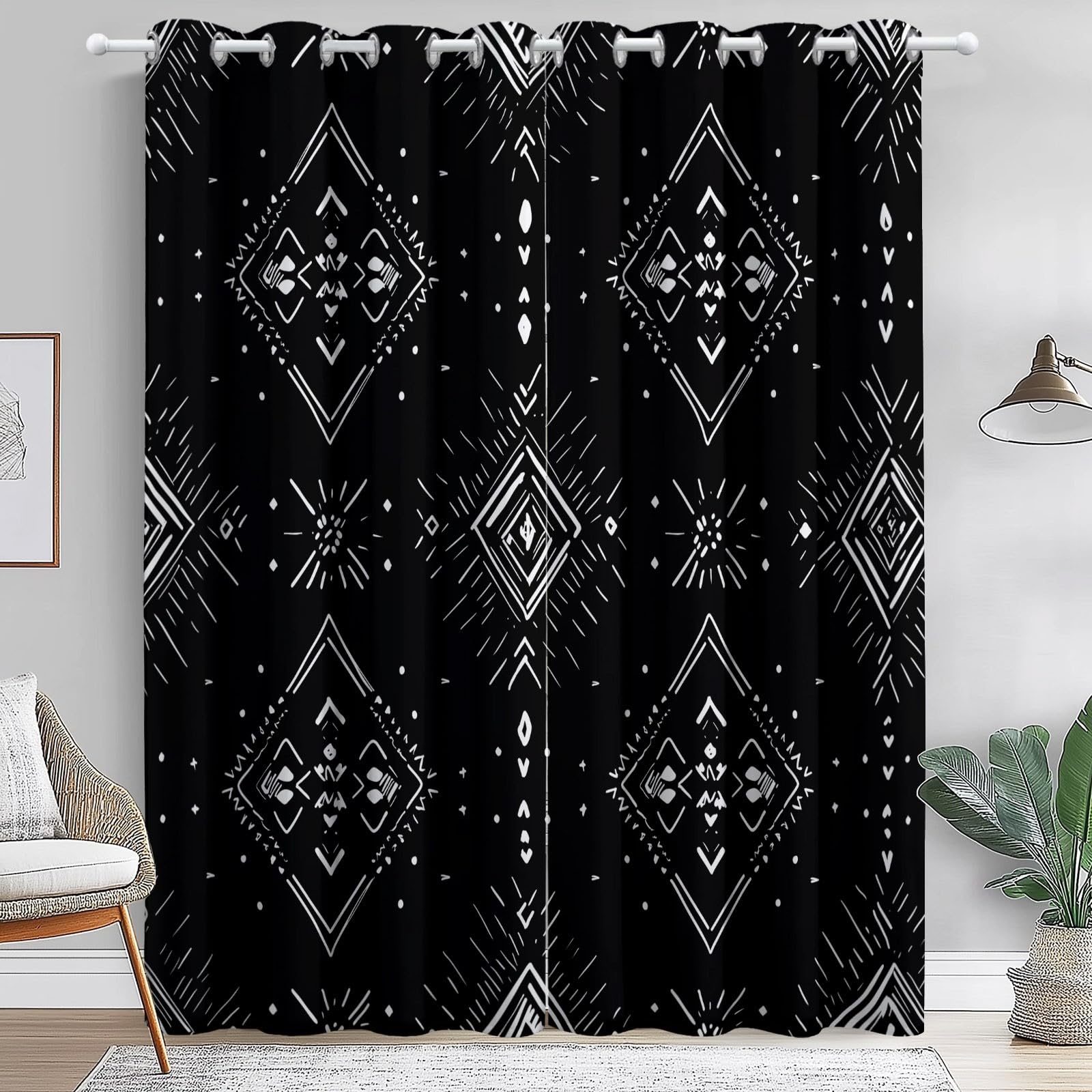 Géométrie Tribale Minimaliste Rideaux Longs 140L X 260H cm (2 Panneaux), Tissu Occultant Thermique pour Baie Vitrée, Noir