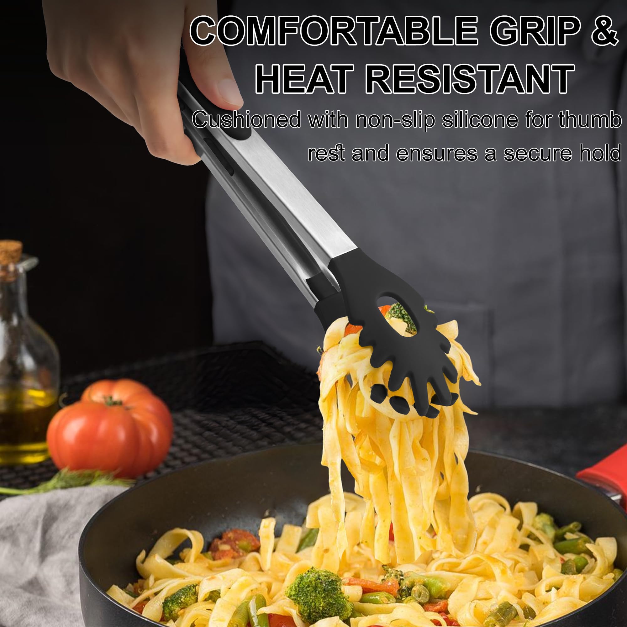 Pinze per Pasta HE-SANQI 12 Pollici in Silicone Resistente al Calo Antiaderente Nero 30 cm