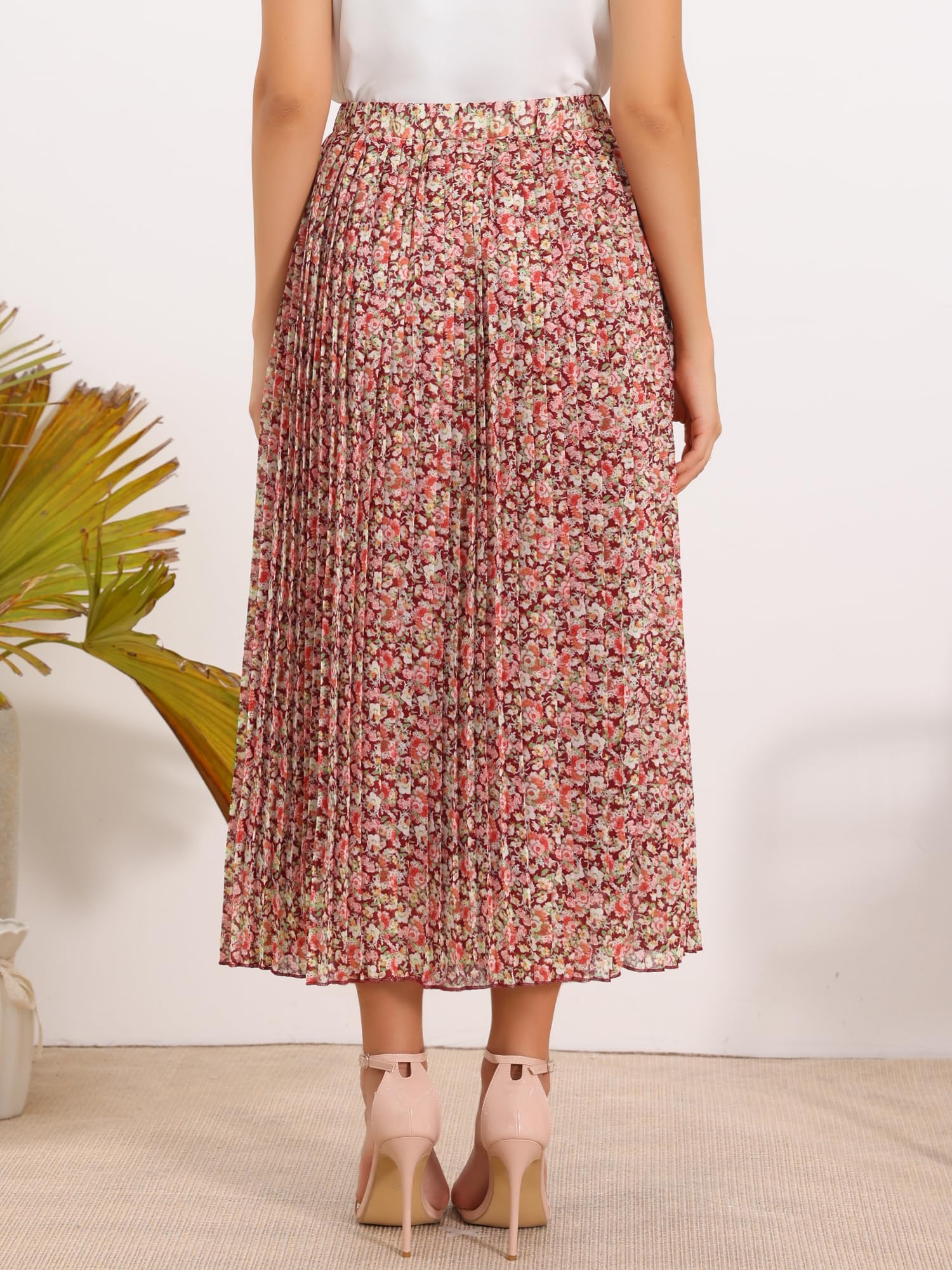 Allegra K Damen Maxirock mit Blumenmuster Faltenrock Elastischer Bund | Blumenmuster Rock A Linie Elastischer Bund Lässiger Saum Plissiert Boho Sommer Leicht