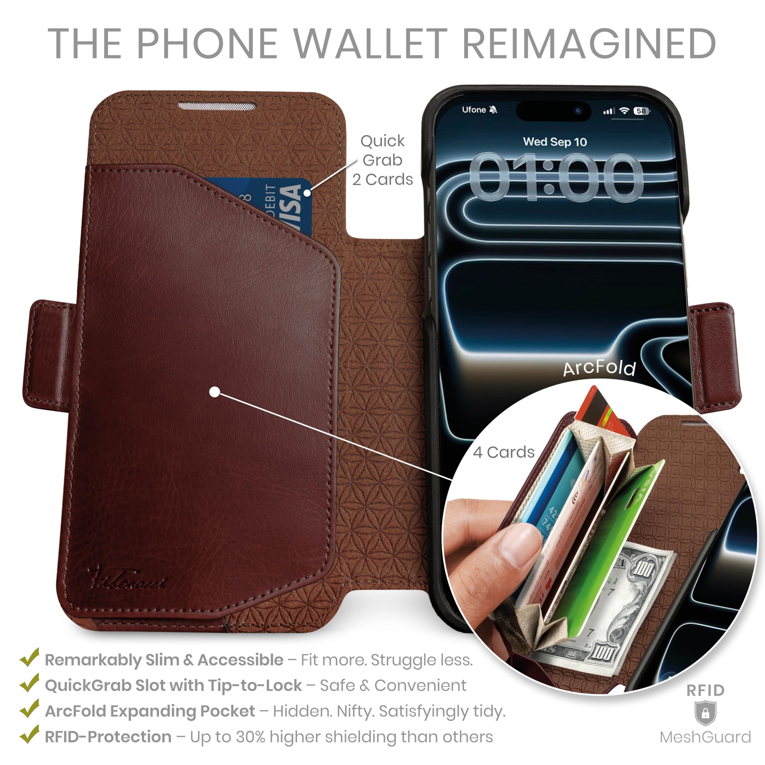 Dreem Wallet Case for iPhone 17 Pro Max, Revolutionary Vert/Hor Phone Stand, Magnetic Detachable Vegan Leather Flip Cover RFID Blocking Card Holder, MagSafe-Fit, Gift Box [Fibonacci: Coffee] - 2