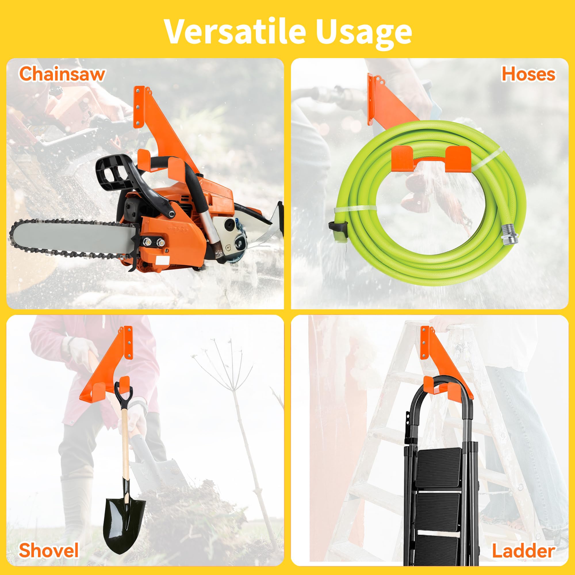 Soporte de pared para motosierra (juego de 2) – Soporte de hierro resistente hasta 68 kg, con protección de goma para asas, montaje horizontal/vertical, para garaje y taller (naranja)