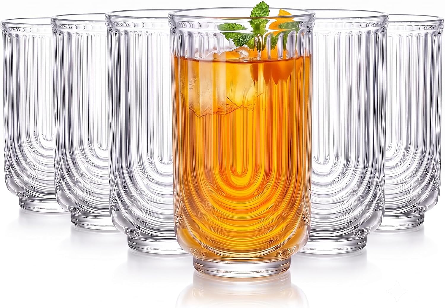 Drinking Glasses Set of 6 Ribbed Glassware Highball Glasses 18 oz