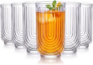 Drinking Glasses Set of 6 Ribbed Glassware Highball Glasses 18 oz | Large Capacity 6-Piece Set - Classic arched texture design - Thickened lead-free glass - Versatile - Dishwasher safe