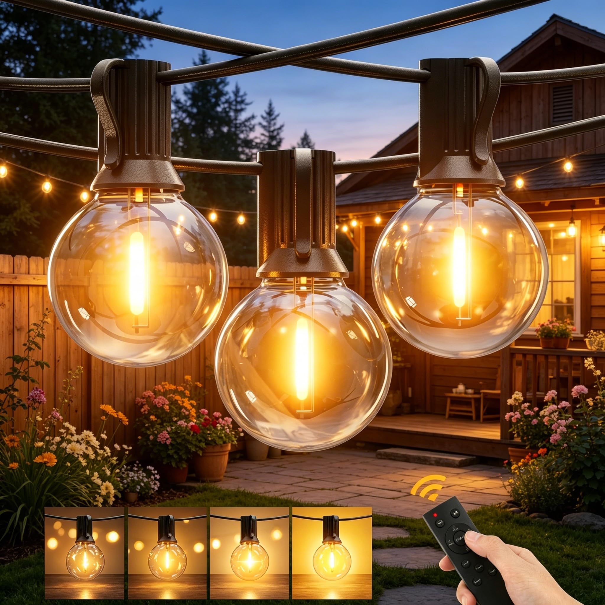 Peineng Outdoor-Garden-Lights-Festoon-Fairy-Mains-Powered, 50FT/15M LED String Light with Remote Control, 18+1 G40 Waterproof Globe Bulbs for Outside Lighting Pergola Gazebo Party Wedding Patio Yard