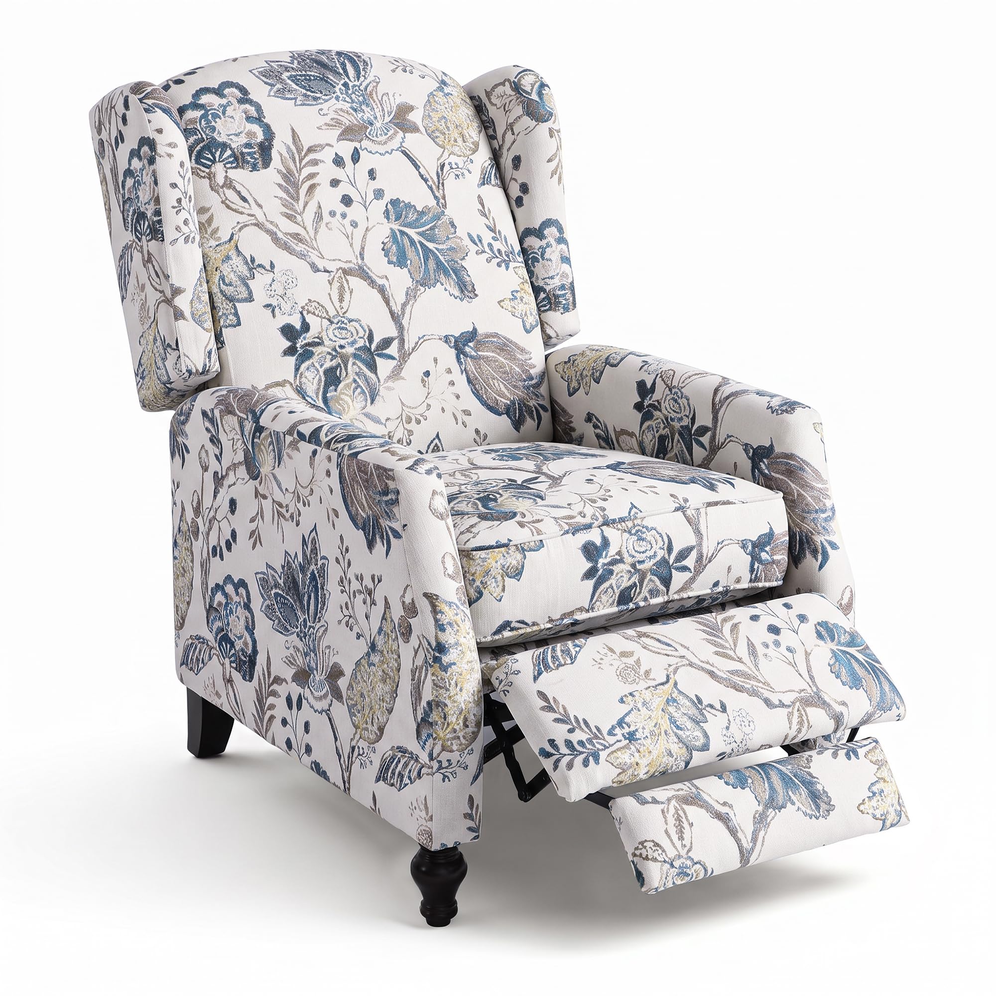 GUEAPY Wingback Recliner Chair with Floral Fabric in Blue Botanical
