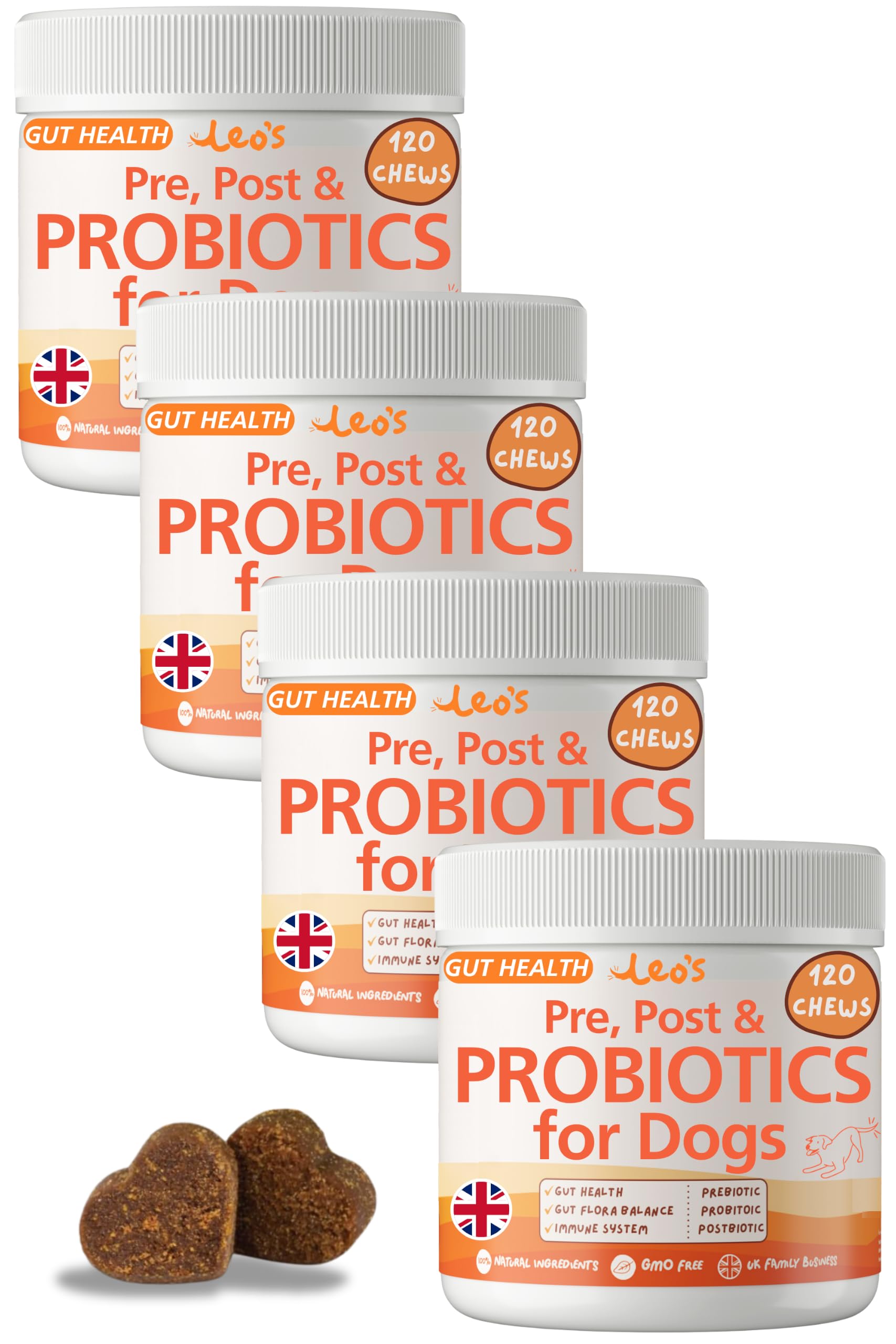 Leo's Probiotic for Dogs chews | Natural Dog Probiotic Supplements | Pro Biotics for Gut Health Dog | Pre Pro and Post Biotic dog treats | Gut Health, Anal Glands, Grass-Eating, Itchy Ears | 4 pack