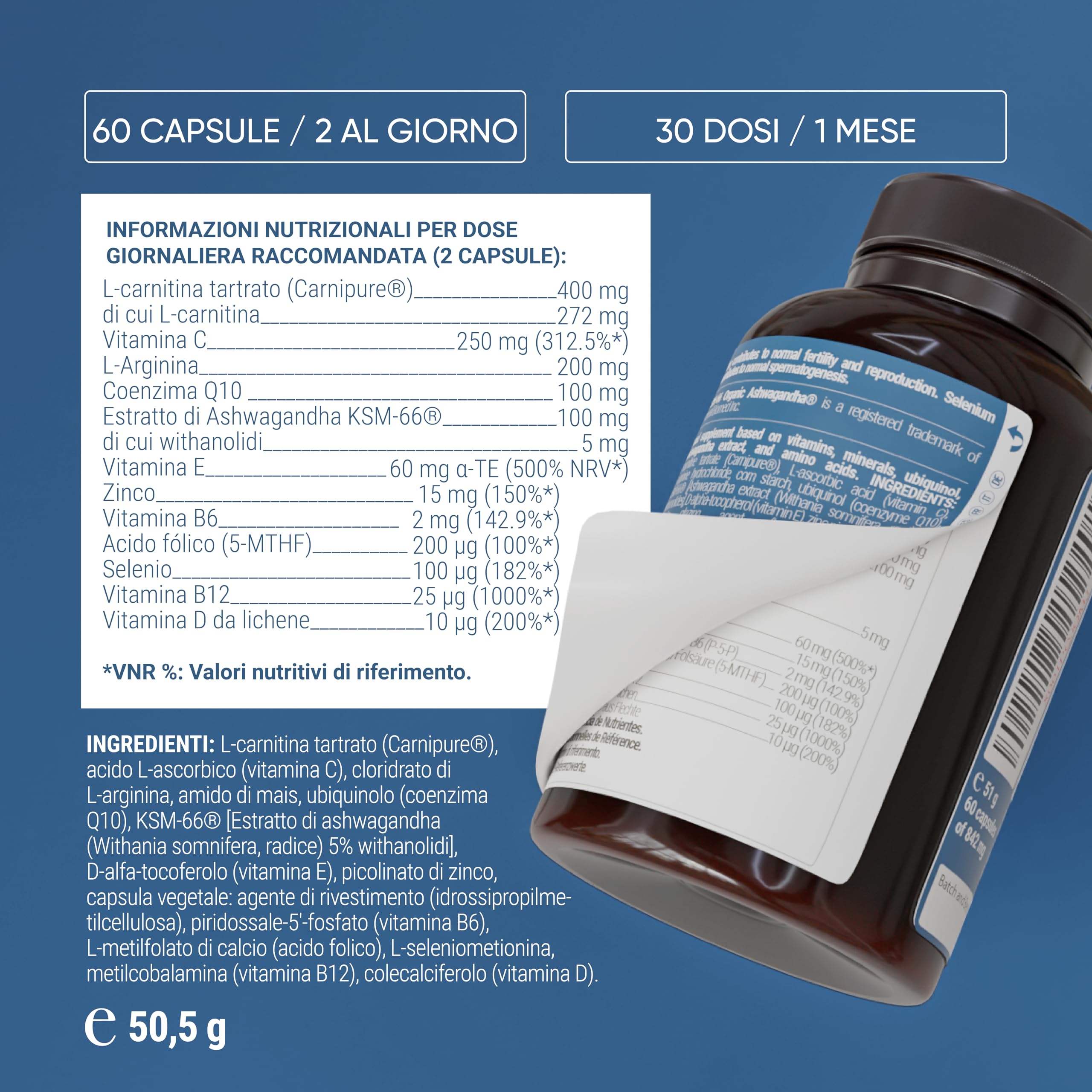 Nullure Integratore Fertilità Uomo | L-Carnitina + CoQ10 + Arginina + Zinco | Numero e motilità degli spermatozoi | Testato da terzi | Vegano e Senza Additivi | 60 caps (1 mese) |Prodotto a Barcellona