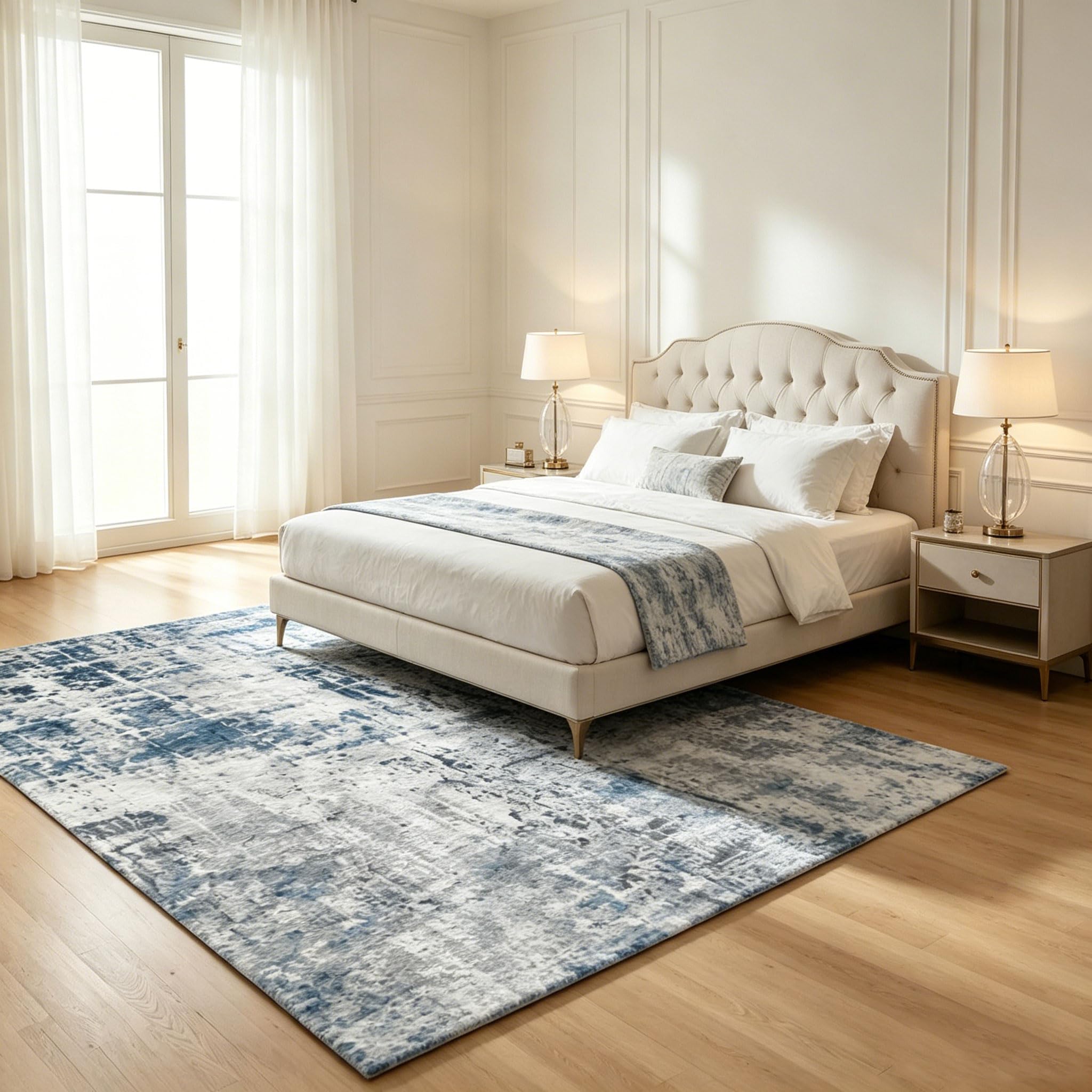 Tapis Salon 160x230cm, Tapis Moderne de Chambre à Coucher, Tapis de Salon Abstrait Antidérapant Lavable en Machine Tapis de Chambre Adulte Doux Poil Court pour Salon Bureau Intérieur (Gris et bleu)