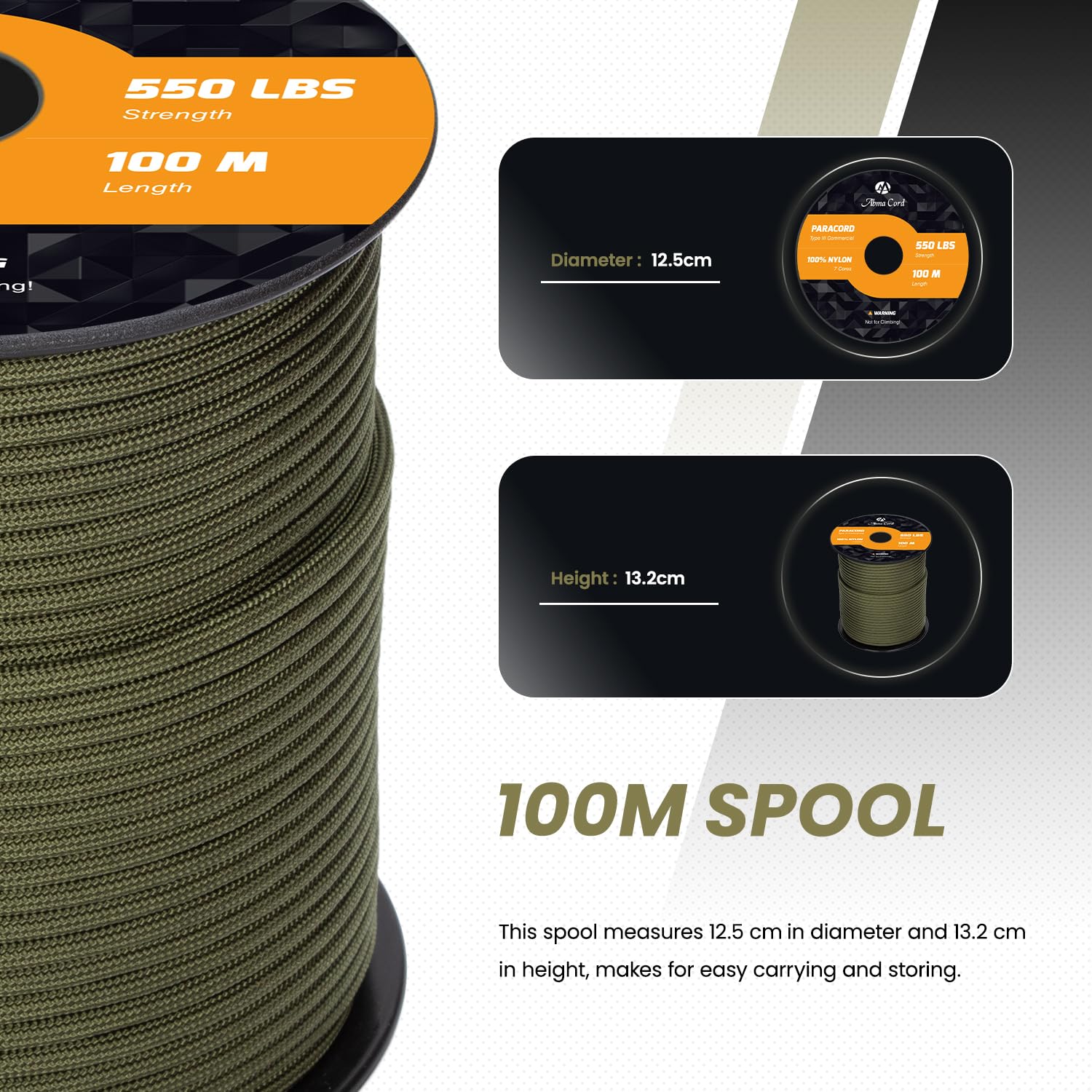 Abma Cord Paracord 550 4mm 100m 100% Nylonowa Sznurek Linka Typ III 7-żyłowa do Biwakowania, Majsterkowania, Zewnątrz, Survivalowy - Max. 250kg (550lb) - Czarny