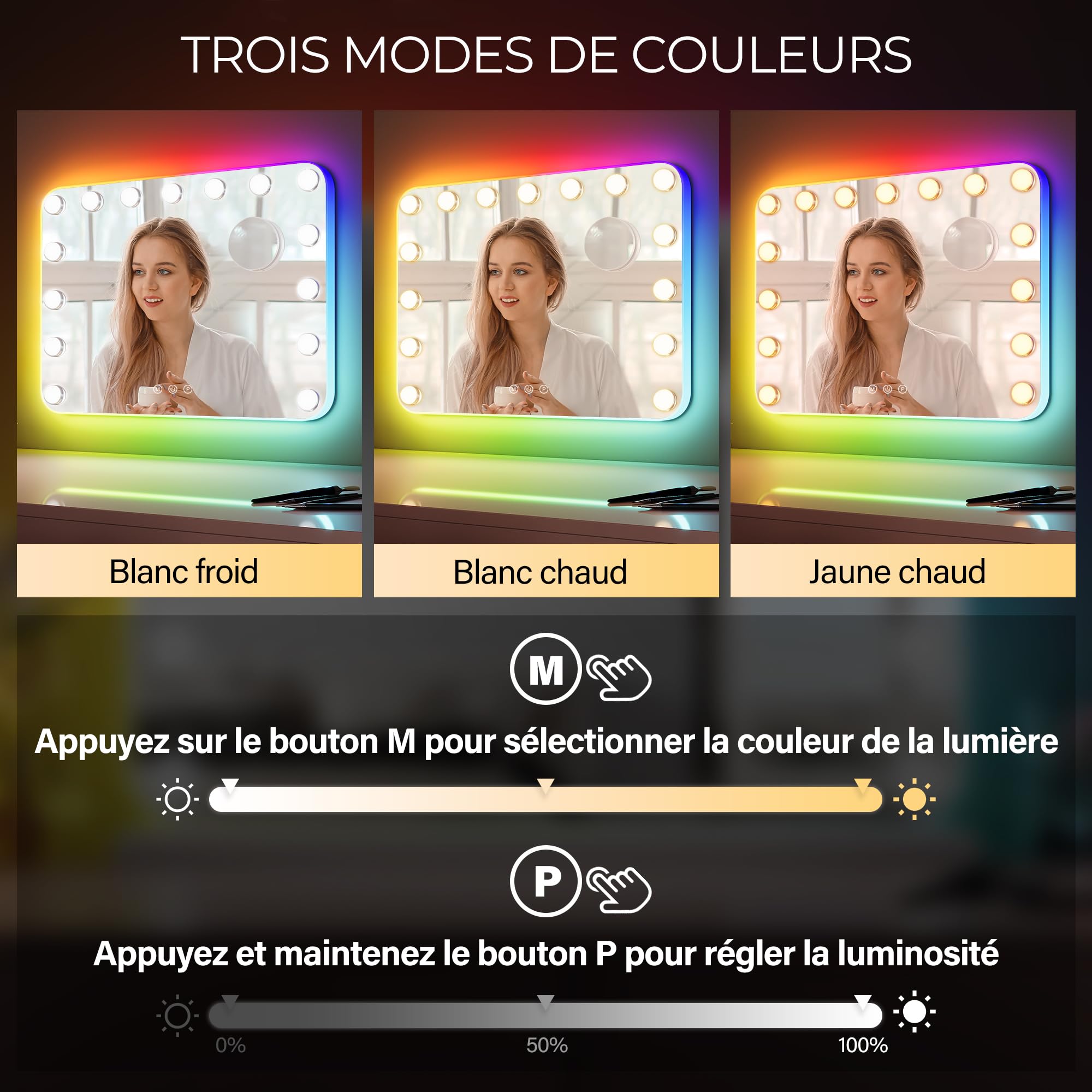 SIRHONA Miroir Hollywood Éclairage RVB 3 Températures Dimmable 15 LED 10X Grossissant 58x45cm