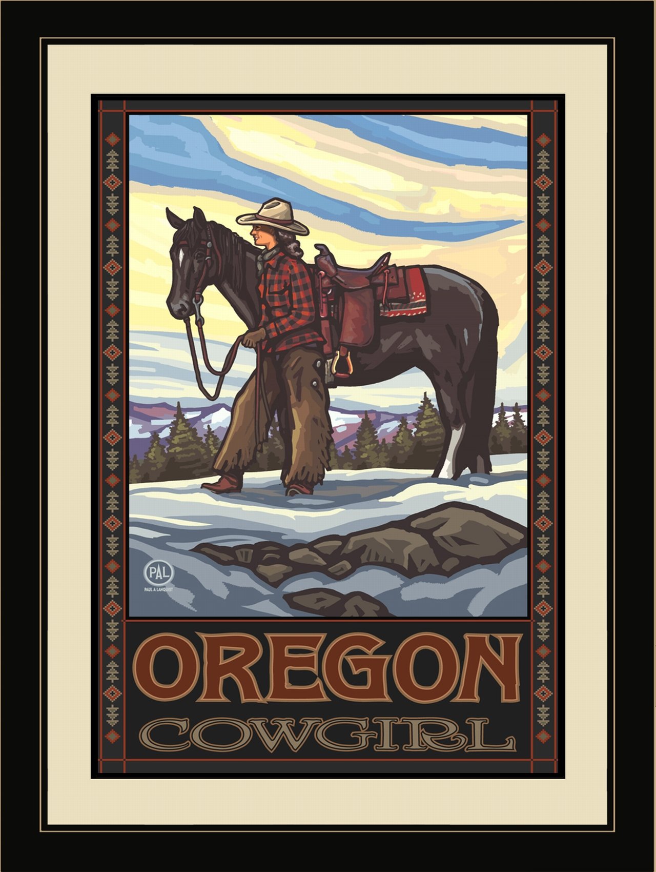 Northwest Art Mall PAL-0329 LFGDM CGH Oregon Cowgirl and Horse Framed Wall Art by Artist Paul A. Lanquist, 20 by 26-Inch