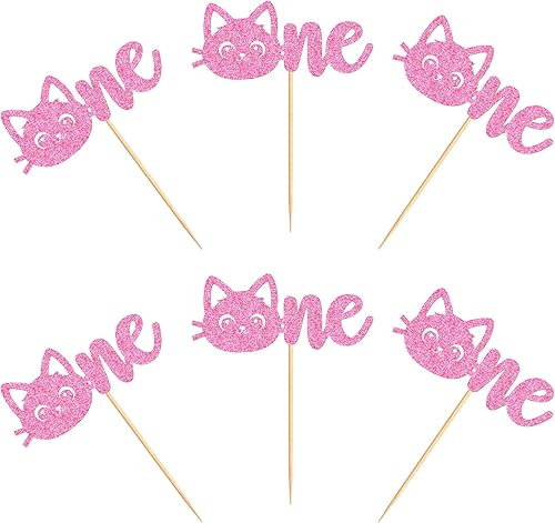 Miniatura 7 de Ercadio Paquete de 24 adornos para magdalenas con purpurina rosa para gatos de primer cumpleaños, para gatitos, mascotas, gatos, decoración de