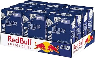 Blue Edition Energy Drink, Blueberry, with 114mg Caffeine plus Taurine & B Vitamins, 12 Fl Oz, 6 Packs of 4 Cans (Pack of 24)