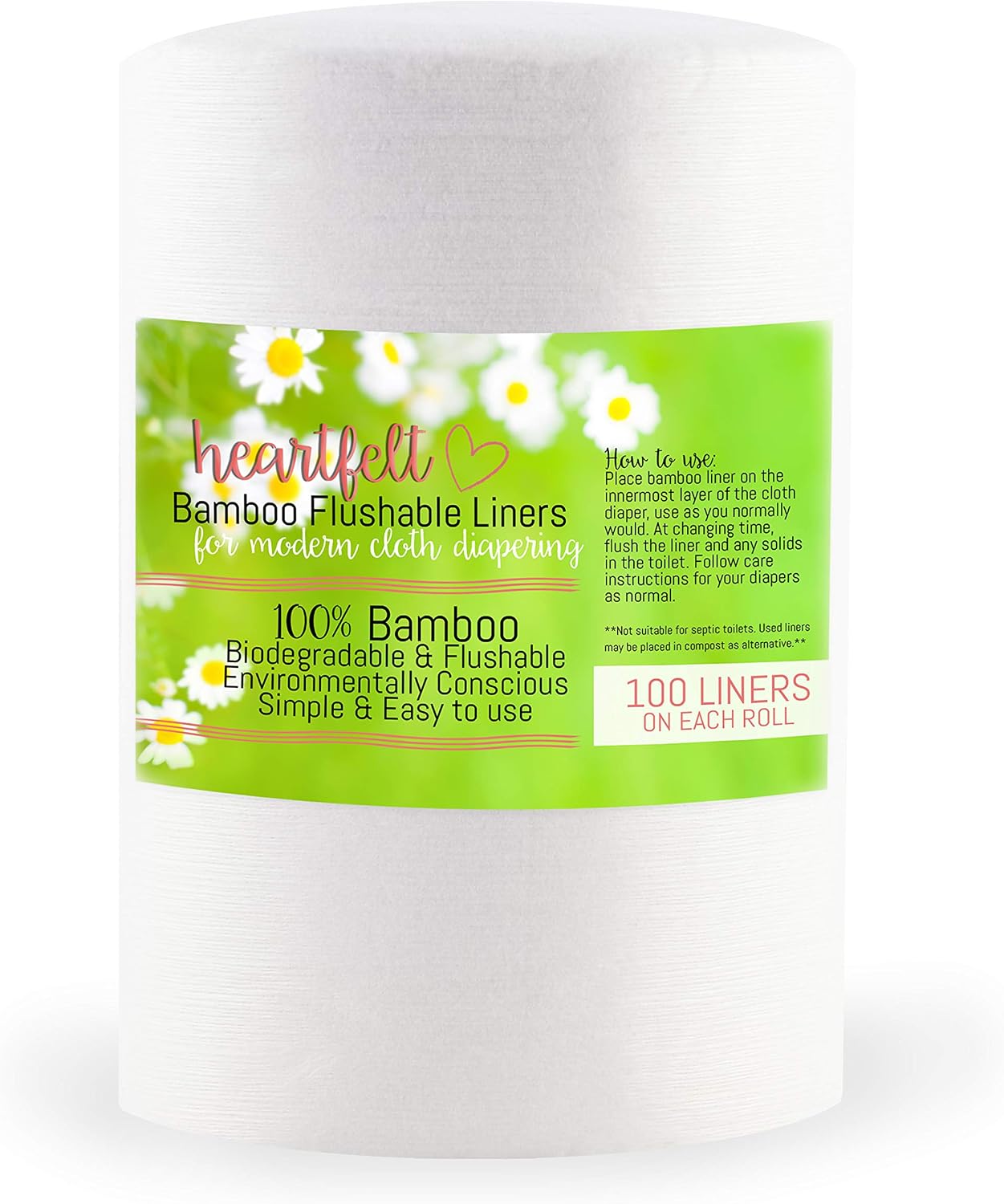 Heart Felt Cloth Diaper Liner Inserts (100 Sheets) Flushable, Disposable