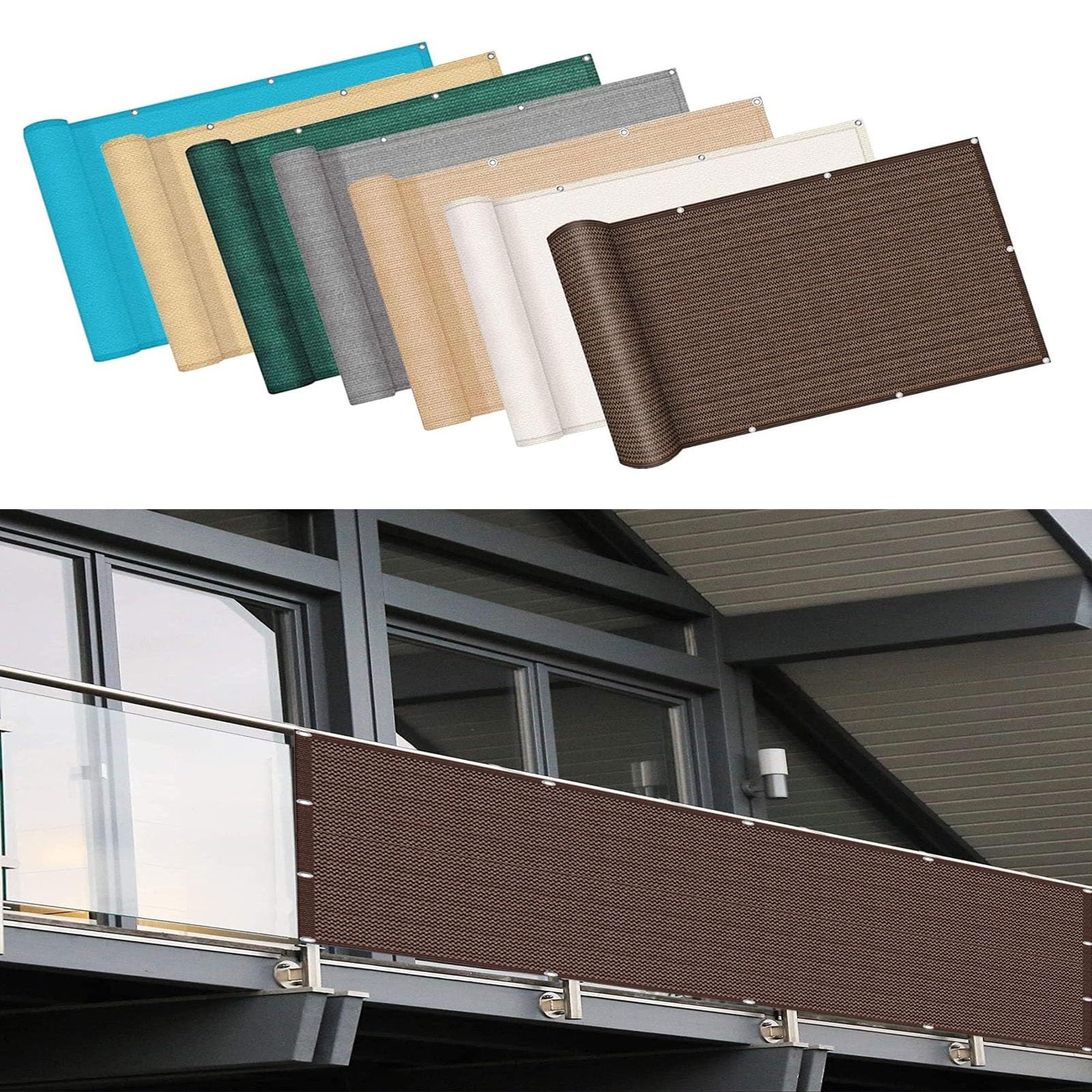 Balcony Privacy Screen 140 x 940 cm(55 x 370inch) Anti-Peeping,Durable,Anti-Ultraviolet, Ventilation with Cable Ties Windbreak Netting Shading Net, for Balcony, Brown — image 1