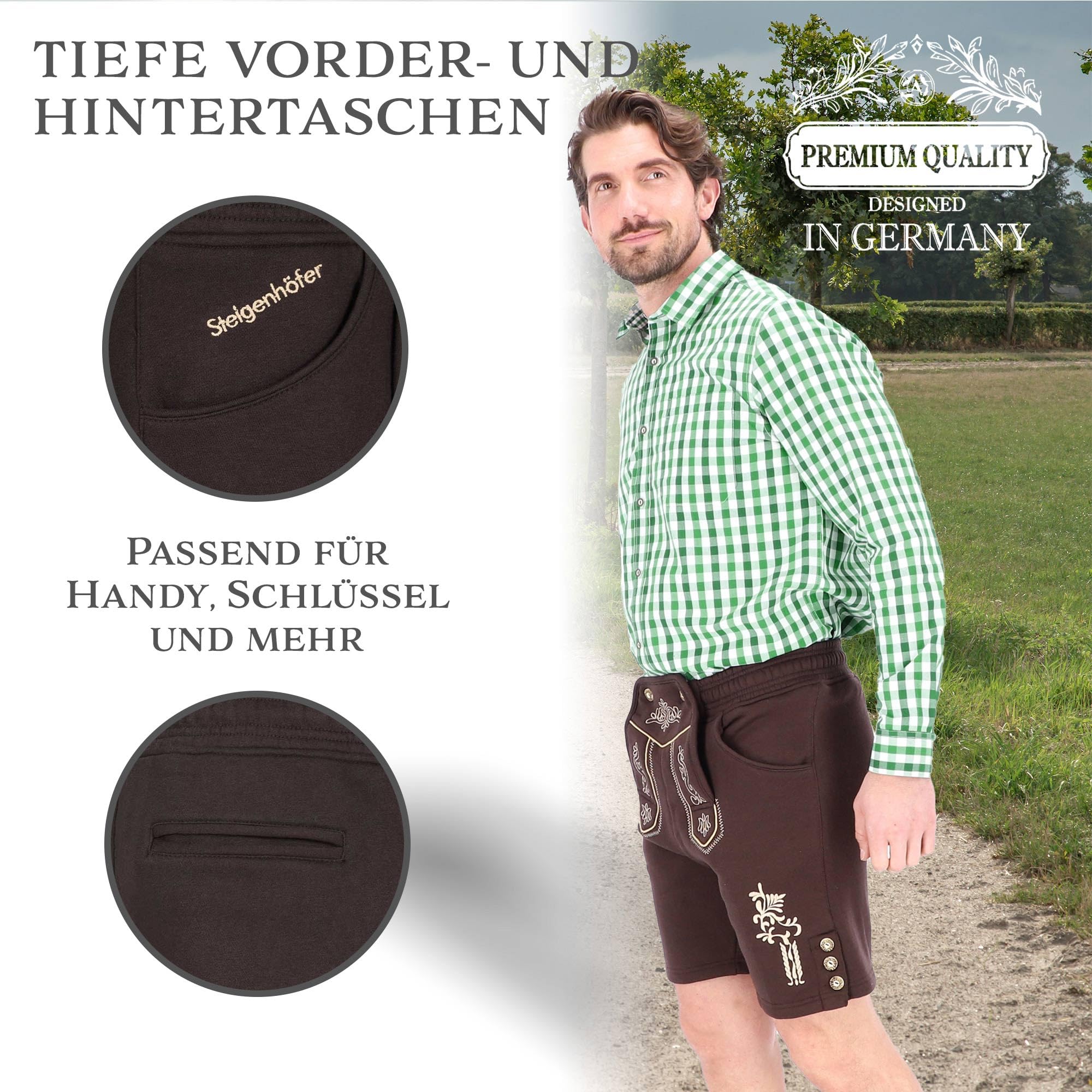 Steigenhöfer Manufaktur Kurze Trachten Jogginghose mit Kordelzug im Lederhosen Look - Moritz - Jogging Lederhose Herren Tracht für Oktoberfest Wiesn und weitere Feierlichkeiten