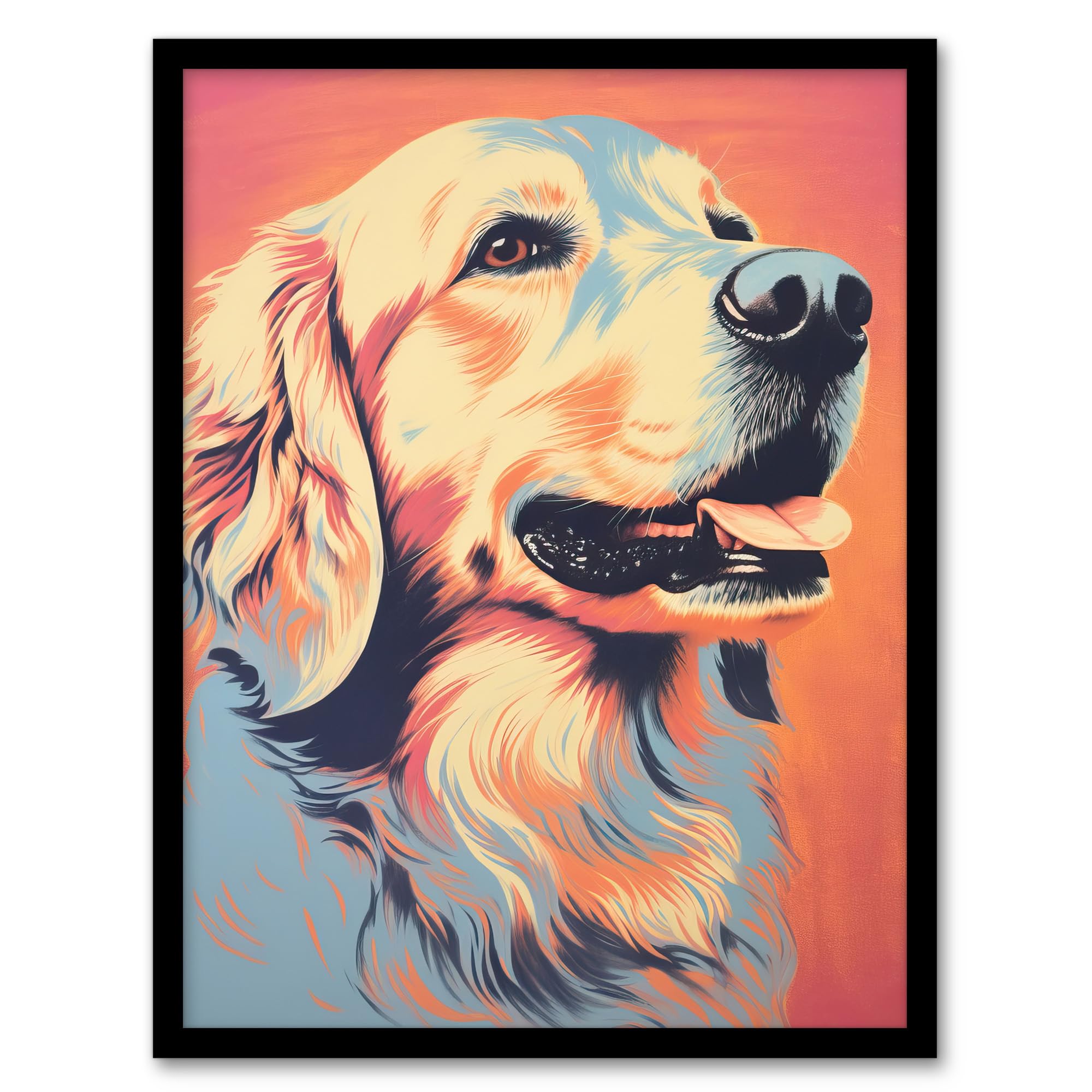 Artery8 Golden Retriever Dog Pastel Tone Screen Print Risograph Artwork Spot Block Colour Duotone Retro Riso Interior Design Artwork Framed Wall Art Print 18X24 Inch