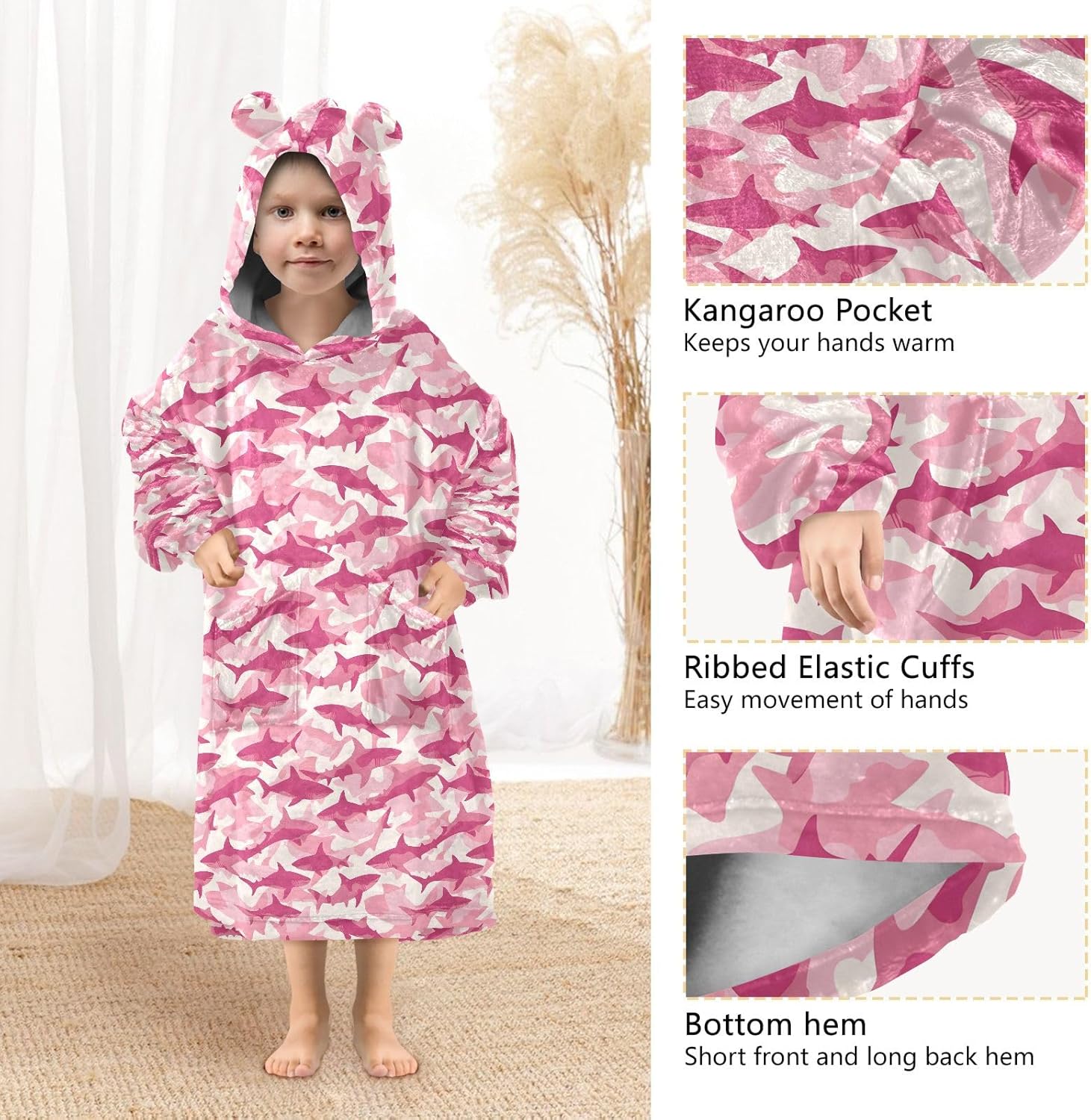 Pink Shark Pattern Wearable Blankets for Kids, Soft Warm Cozy Blanket Hoodie for Boys Girls with Pocket