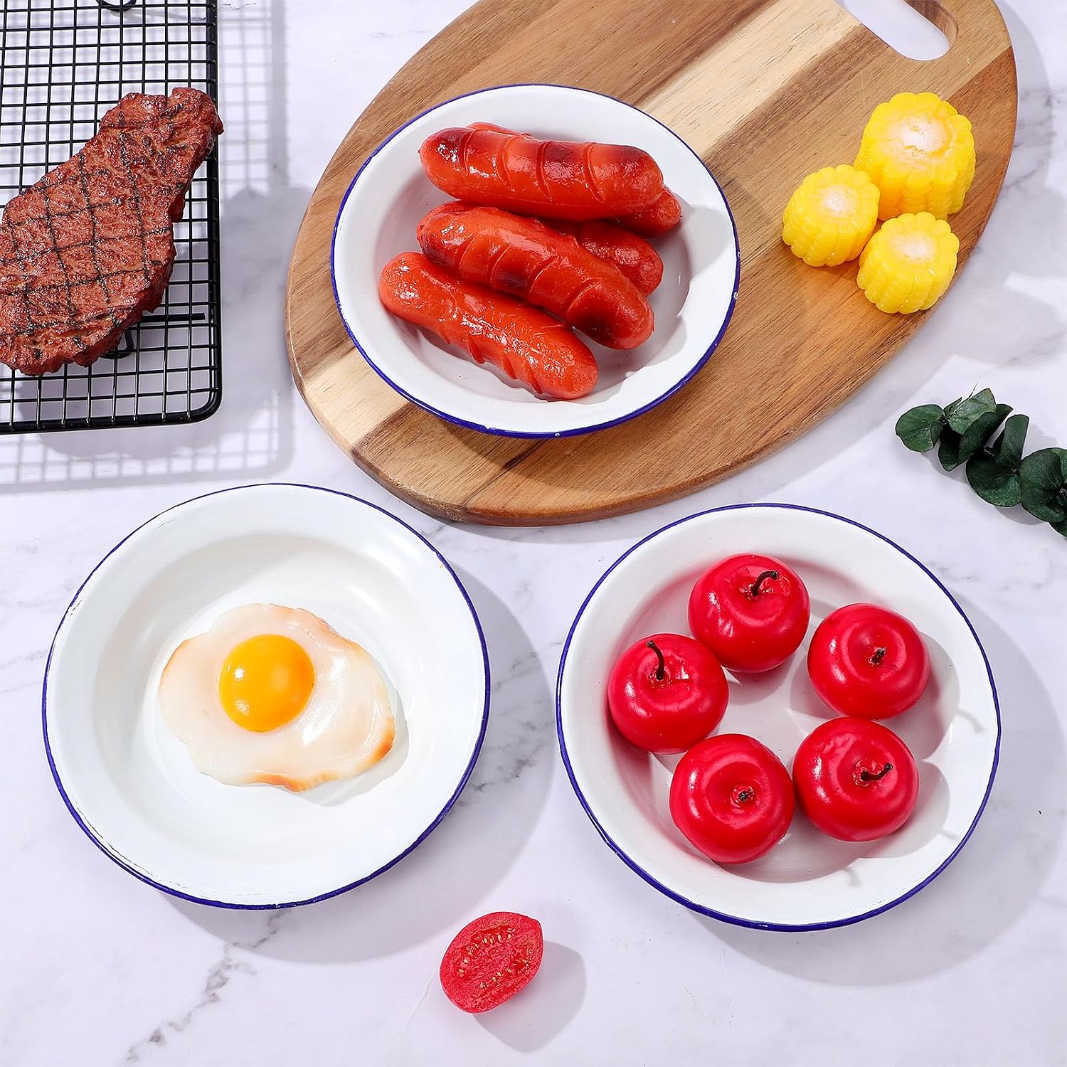 Enamel Plates, Decorative Enamel Plates, Round Shallow Bowls Blue Rim for Serving Fruits, Nuts, Outdoor, Camping, Picnic, BBQ