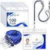 Breakaway Lanyards for ID Badges Horizontal ID Badge Holder Clear Plastic Waterproof ID Card Holders Safety Lanyard with ID Holder (100 Pack, Blue)