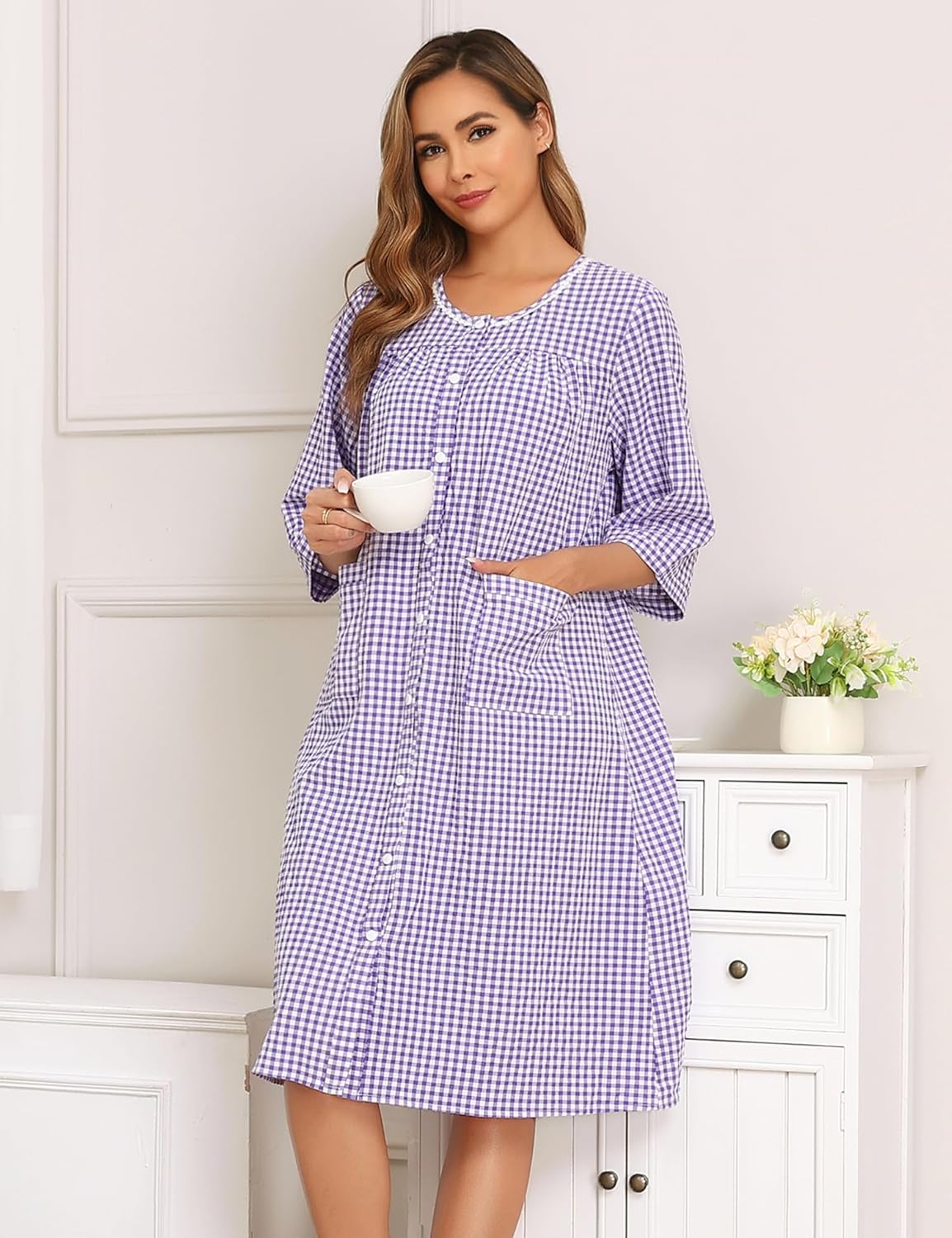 YOZLY Nightgowns for Women Cotton Snap Front Housecoat 3/4 Sleeve Housecoat with Pockets S-3XL - Image 3