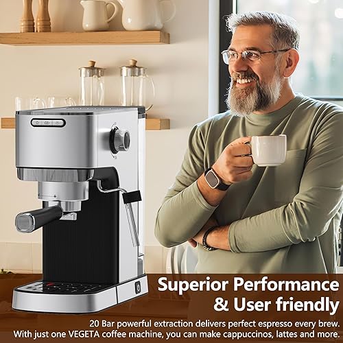 Miniatura 8 de VEGETA Máquina de café expreso con espumador de leche, cafetera pequeña de 20 barras con tanque de agua extraíble de 40 onzas, cafetera de acero