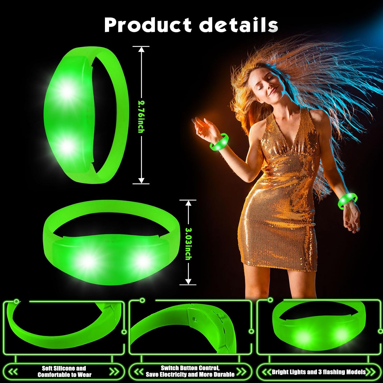 12 Pcs LED Glow Bracelets Sound Activated Flashing Light Up Bracelet for New Years Eve Glow in the Dark Party Supplies Christmas Party Favors Birthday Gift Carnival Concerts Night Events image 2