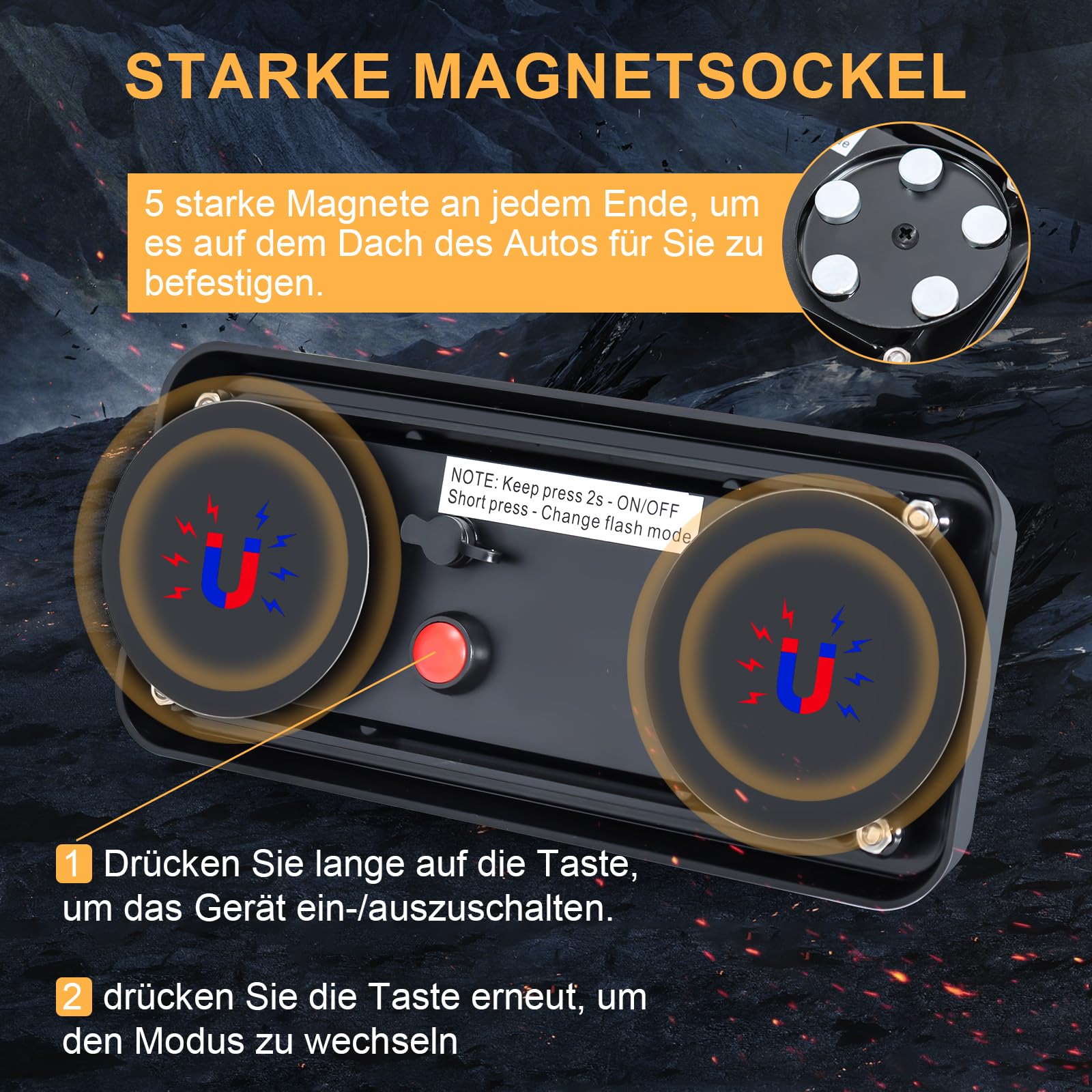 Dinfu LED Warnleuchte akku mit Fernsteuerung, 12V gelbes blinklicht auto magnet kabellose 5 Modes wiederaufladbare tragbare led blitzer mit Ladekabel für Auto Pkw Truck Traktor KFZ LKW