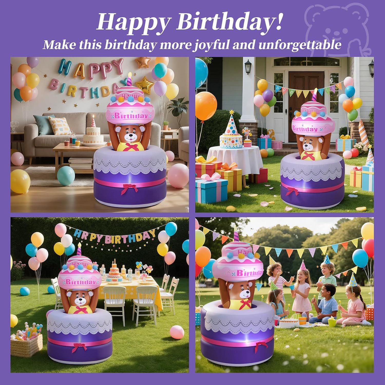 Lewondr 6FT Inflatable Birthday Cake Outdoor Decorations, Automatic Lifting Bear, Waterproof Blow Up Happy Birthday Decor with Candle 4 LED Lights for Outdoor Indoor Party Garden Yard Lawn