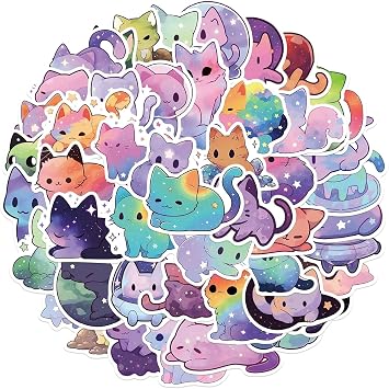 50 Pcs Cartoon Rainbow Starry Sky Cat Stickers - Cute Aesthetic Waterproof Vinyl for Water Bottle, Laptop, Phone, Skateboard - for Teens, Girls, Kids and Women(Starry Sky cat)