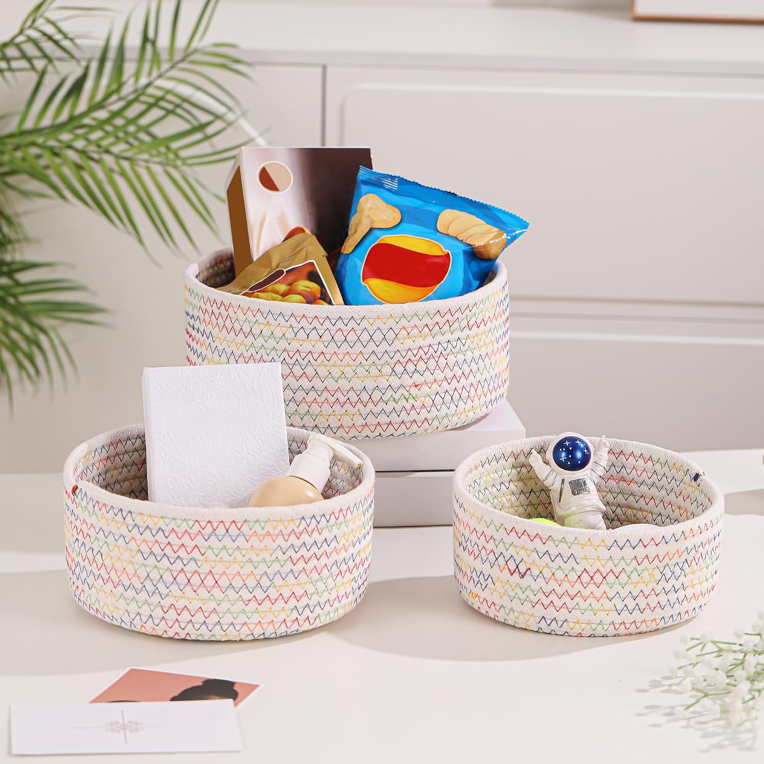 Small Basket Cotton Rope Woven Baskets for Organizing Cute Mini Tiny Baskets for Nursery Decorative Boho Round Storage Bathroom Organization Bin Open Storage Bins (Colorful white)