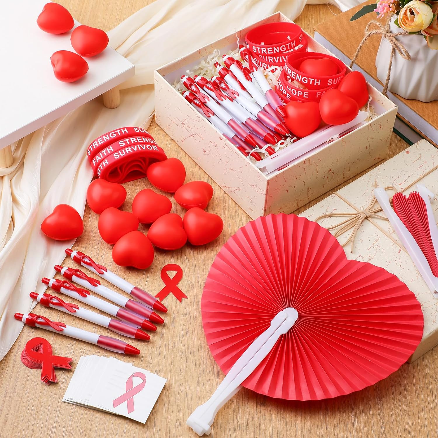 150 Pcs Red Heart Health Awareness Items Bulk Red Ribbon Awareness Stickers Stress Football Folding Fan Tattoo Sticker Silicone Bracelet for Heart Health Month Charity Events Gifts Supplies - Image 3
