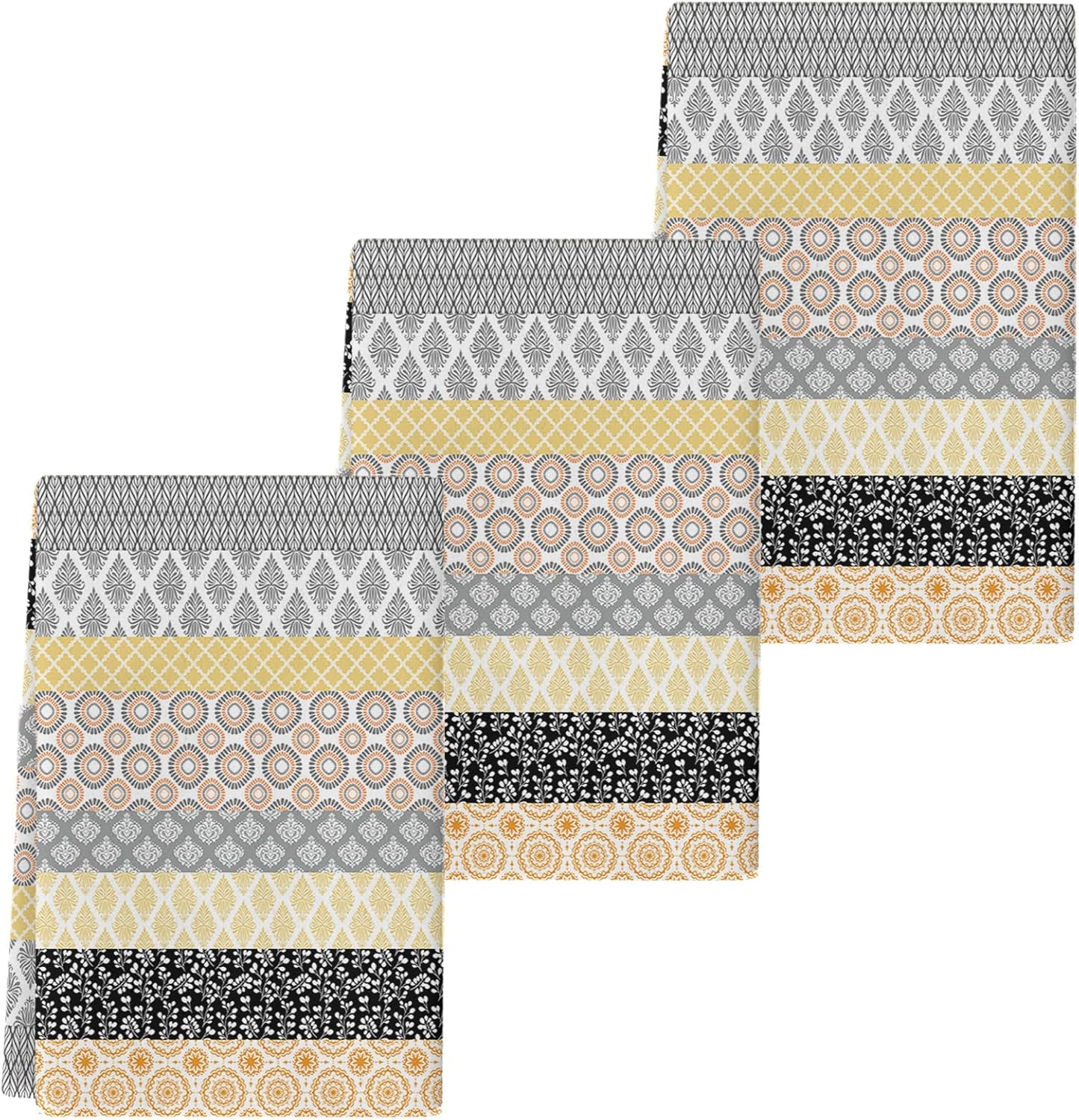 Boho Black Yellow Grey Kitchen Towels for Home Decor 3pcs Microfiber Absorbent Dish Towels, Bohemia Geometric Retro Stripes Soft Hand Towels for Bathroom Resuable Tea Towels Washable Fast Drying