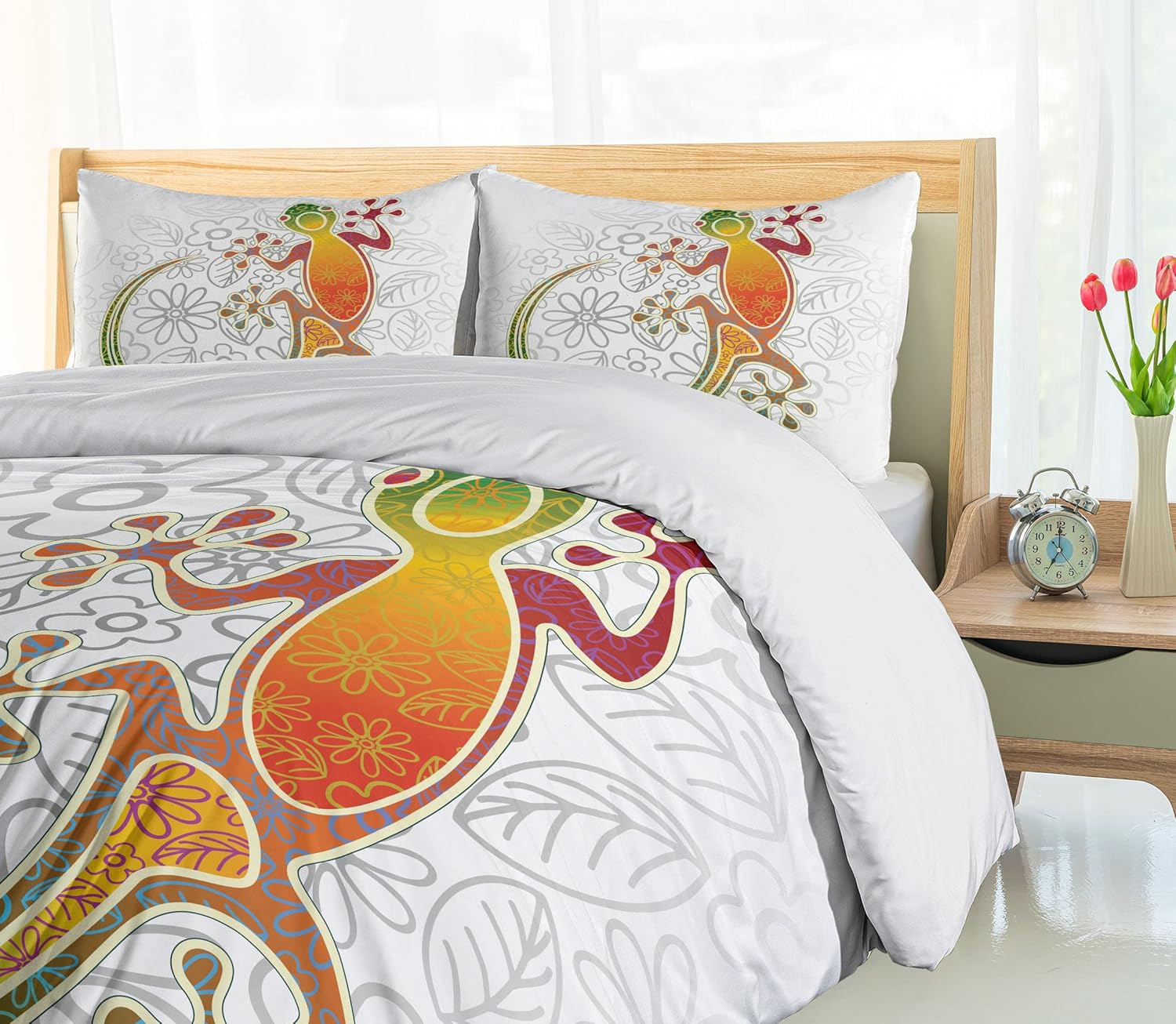 Ambesonne Batik Duvet Cover Set, Native Southeast Common House Gecko Moon Lizard Tropical Monster Graphic Design, Decorative 3 Piece Bedding Set with 2 Pillow Shams, King Size, Orange White King Orange White