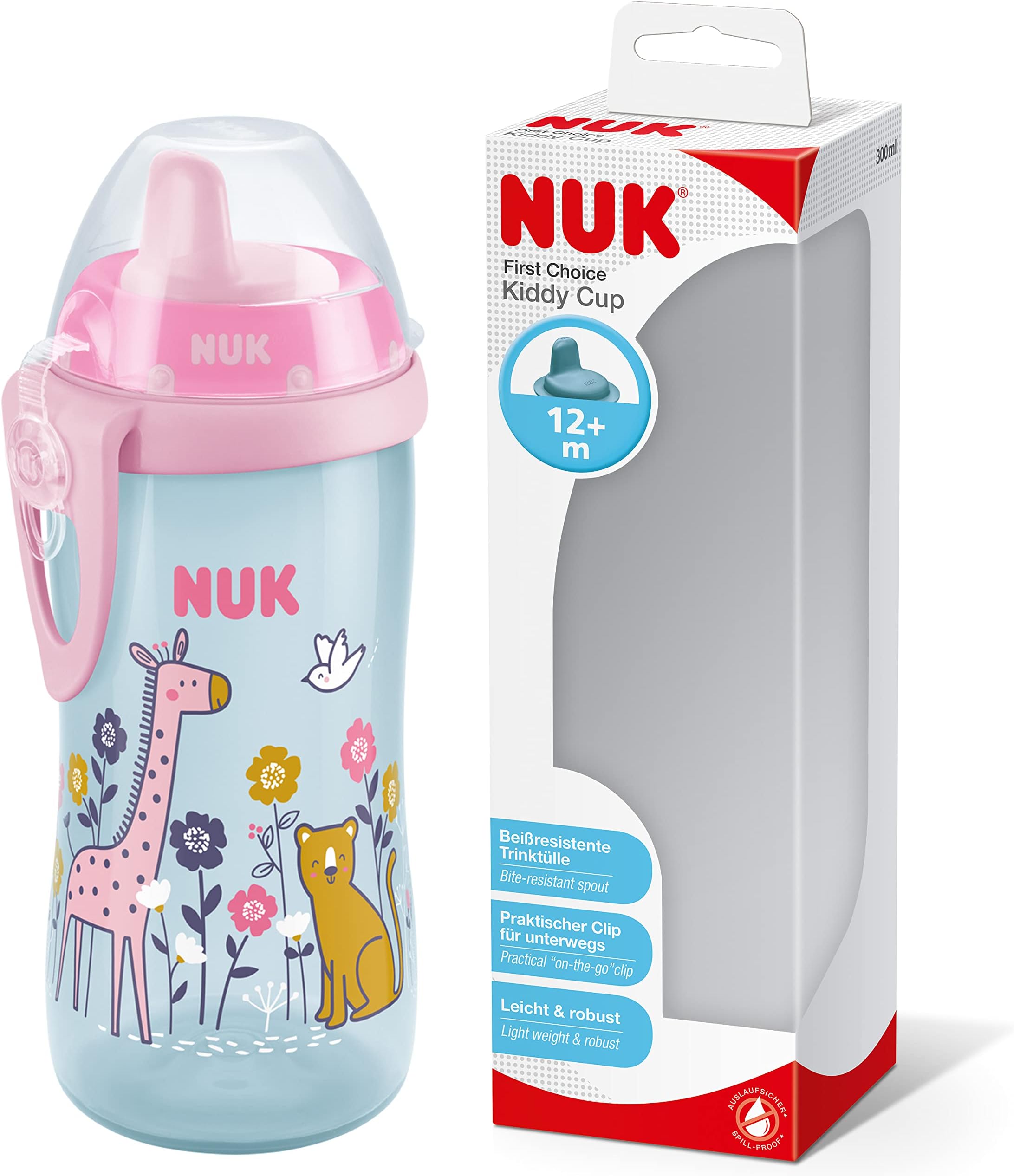NUK Kiddy Cup Toddler Cup | 12+ Months | 300 ml | Leak-Proof Toughened Spout | Clip & Protective Cap | BPA-Free | Pink